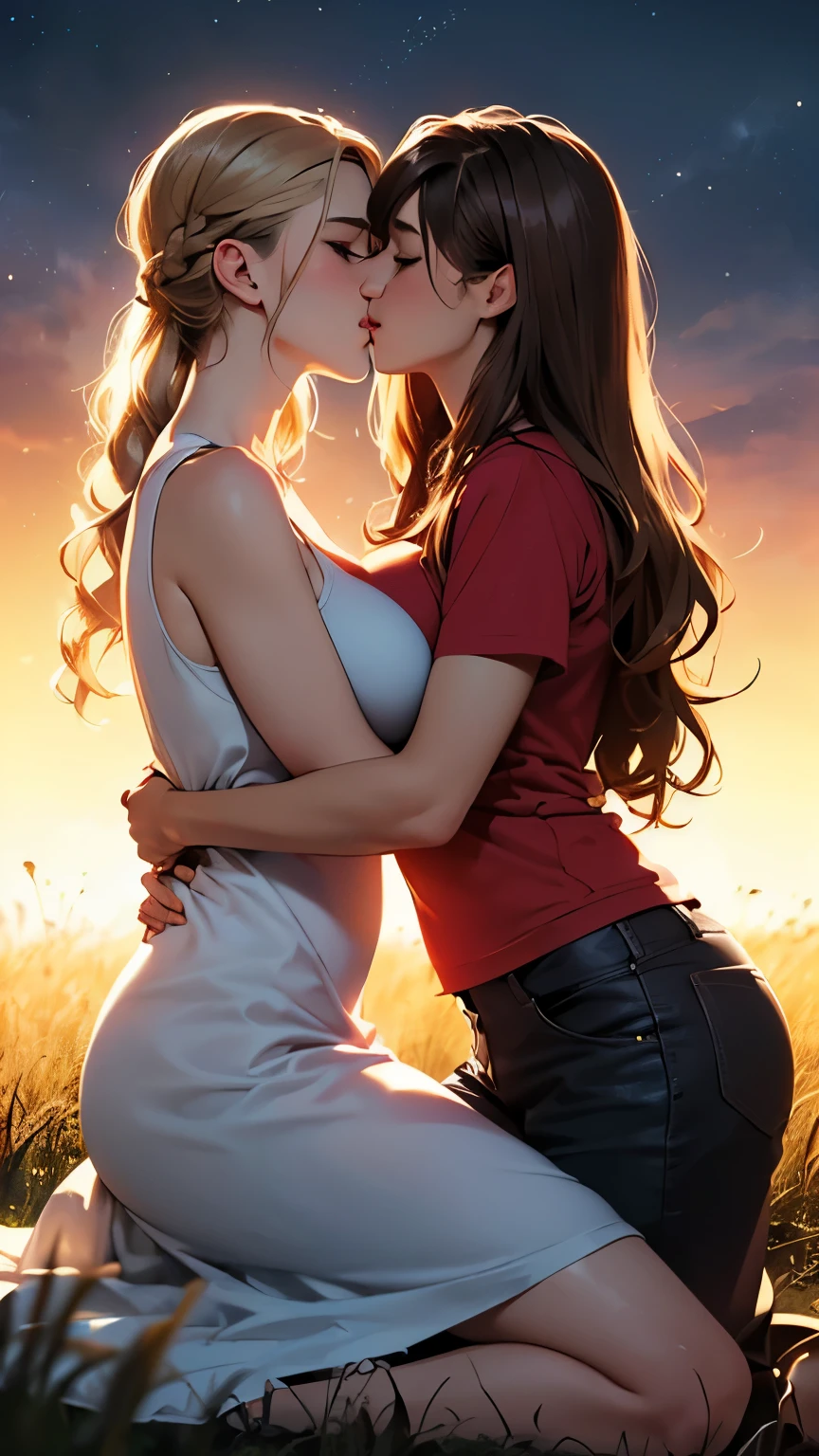 (((best quality))),masterpiece,ultra high resolution,(ultra high definition),(movie quality:1.3),(movie lighting),(low light environment:1.4),Female lovers kissing woman on the plain grass under the Milky Way in the sky at night, (SFW) Work, kissing together cutely, (((Girl Love Art))), OPPEIN, Side milk, Slightly saggy big breasts, small breasts, (((Very long wavy blonde hair))), (((Straight brown hair with side bangs))), (girl love kiss), The mouth is very detailed,  (girl love hug), touch her hand, touch her clothes, touch her breasts, (((Hands touching her breasts))), sit on lap, Long hair fluttering in the wind, SFW version