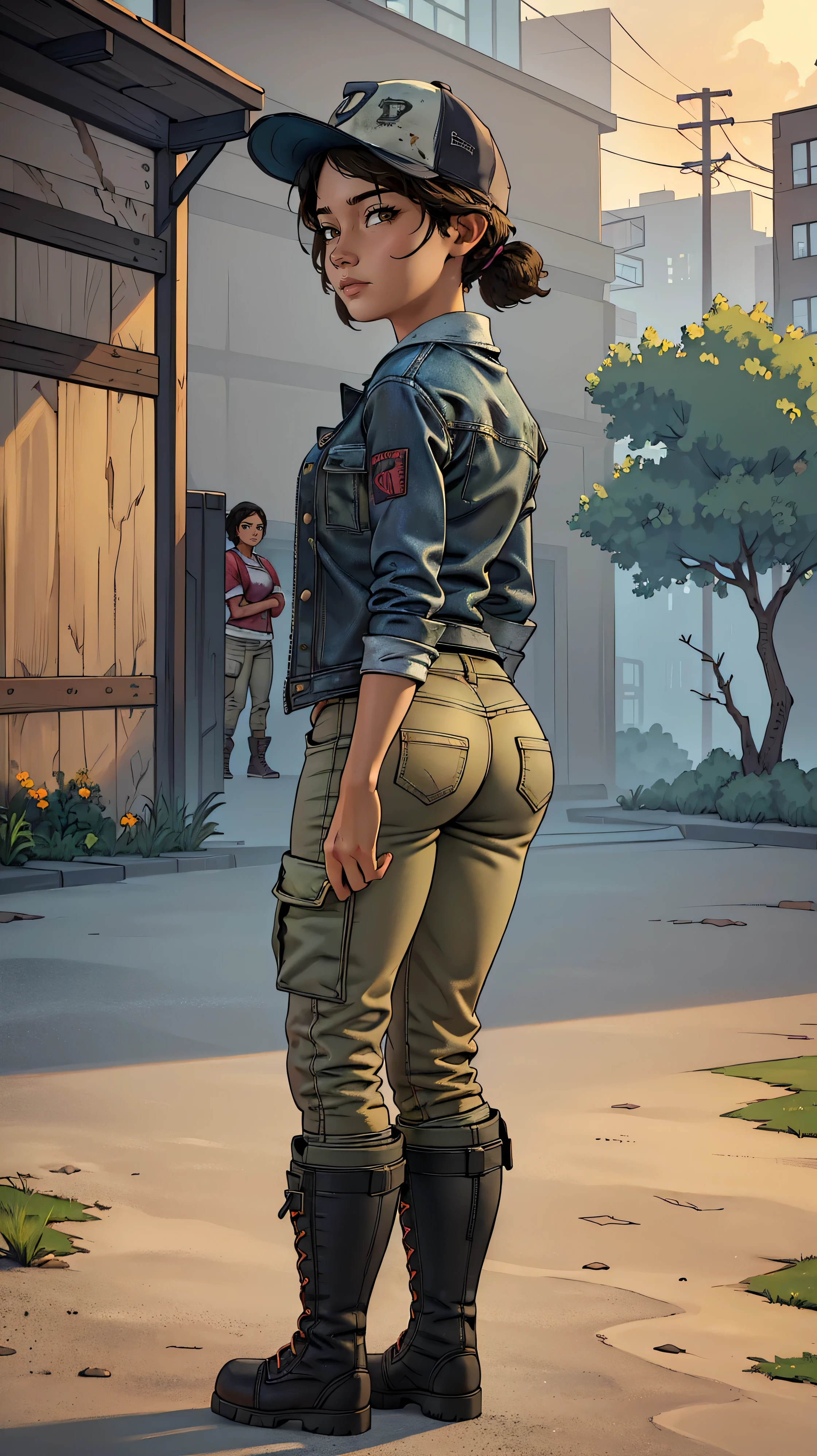 ((masterpiece, best quality)),(complex lighting) ,solo,(((1girl))) ,clementine, light skin,light-skinned female, baseball cap, green cargo pants, brown eyes, tight pants, combat boots, shirt, short hair, one short ponytail, open denim jacket, huge butt, thicc butt , (((8k))), (((full body))), (((looking at the viewer))), big butt