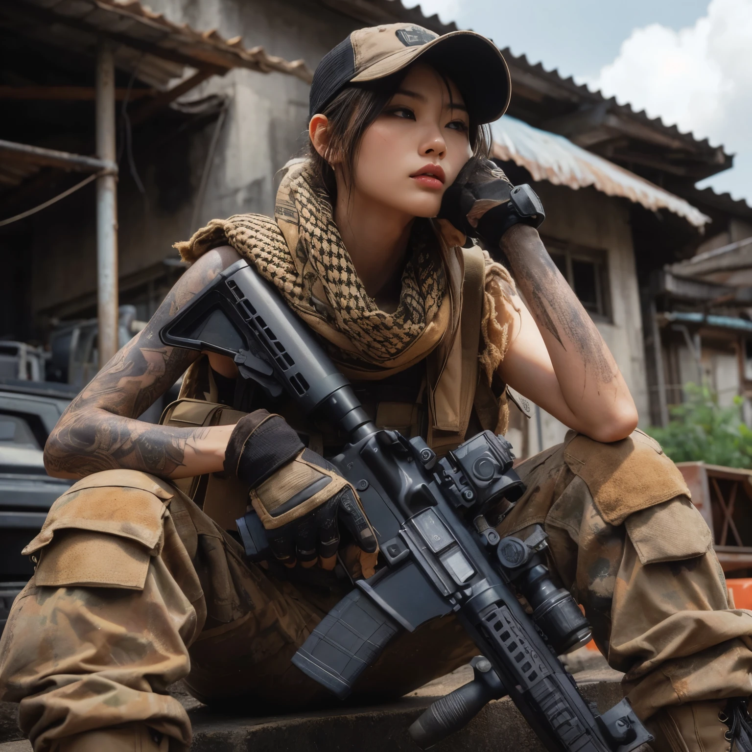 8K,realistic photo、realistic skin texture、There is a beautiful Japanese woman who is a member of the American military.、sitting、tired、afghan scarf、outdoor、、bulletproof vest、Holding an automatic rifle、with caution、Backpack、wearing a baseball cap、It is dirty、tattoo、moving action pose、muscle、dramatic composition、boots、Zoom out