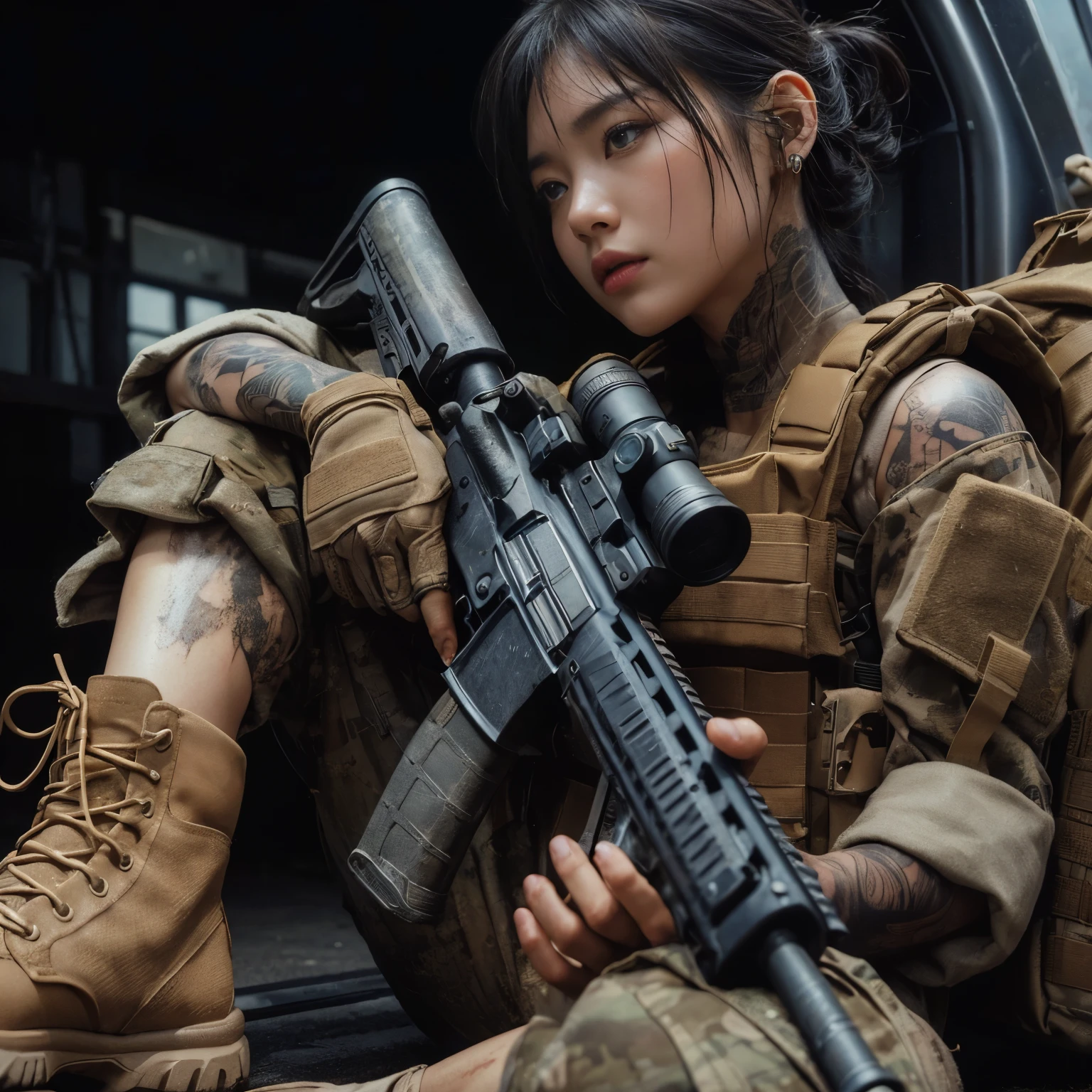 ８K,realistic photo、realistic skin texture、There is a beautiful Japanese woman who is a member of the American military.、sitting、tired、afghan scarf、outdoor、、bulletproof vest、Holding an automatic rifle、with caution、Backpack、wearing a baseball cap、It is dirty、tattoo、moving action pose、muscle、dramatic composition、boots、Zoom out