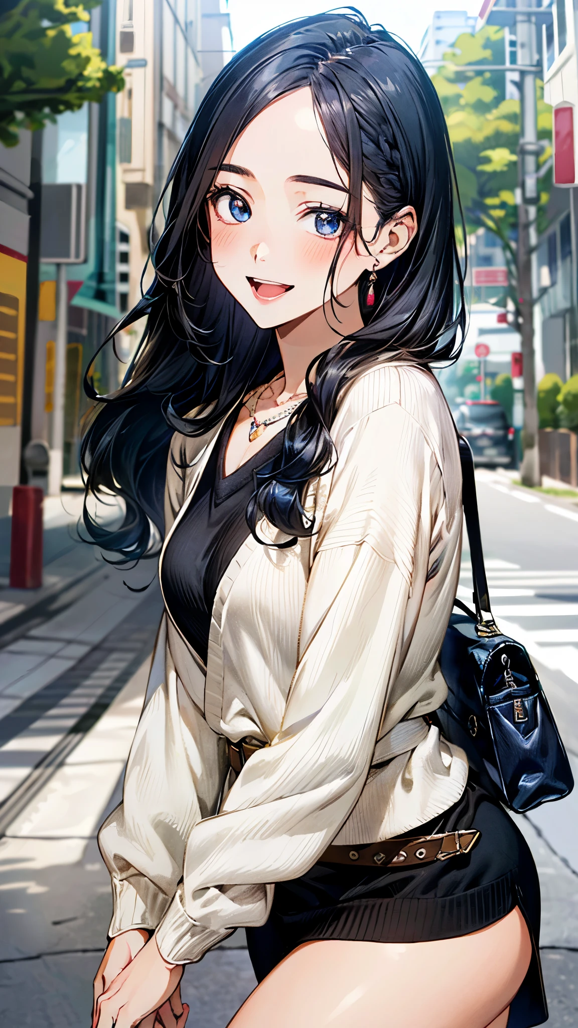 (masterpiece:1.3, top-quality, ultra high res, ultra detailed), (realistic, photorealistic:1.4), beautiful illustration, perfect lighting, natural lighting, colorful, depth of fields, 
beautiful detailed hair, beautiful detailed face, beautiful detailed eyes, beautiful clavicle, beautiful body, beautiful chest, beautiful thigh, beautiful legs, beautiful fingers, 
looking at viewer, (face focus, upper body), 1 girl, japanese, high school girl, perfect face, (perfect ???????, anatomically correct), cute and symmetrical face, babyface, , shiny skin, 
(long hair:1.7, straight hair:1.0, dark blue hair), ((parted bangs, forehead)), , blue eyes, slant eyes, long eye lasher, (medium breasts:1.6, tight butt, seductive thighs), slender, 
((long sleeve v-neck black sweater dress, belt, garnet necklace)), black shoulder bag, brown middle braided boots, 
(beautiful scenery), morning, (downtown), walking, (seductive smile, open mouth small), 