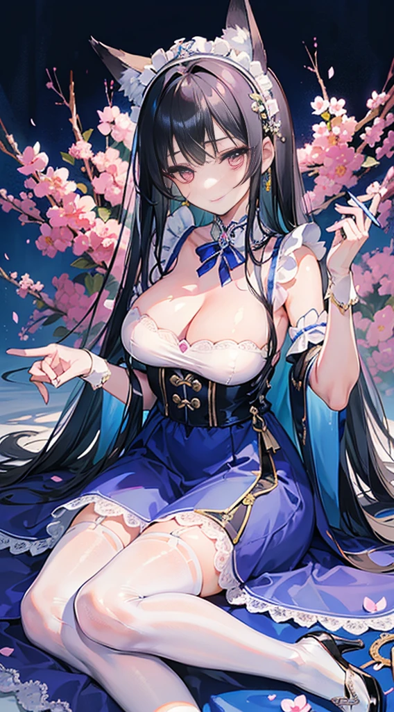 high quality, masterpiece, super detailed, 1 girl, Extremely delicate face, Lace-trimmed white stockings, blue cheongsam,Maid tiara,handcuffs,collar,Calm expression,Smile,handcuffs,collar,long black hair, charming pink eyes, fox ears, Ridiculously big, shiny skin,Sitting in a sea of flowers