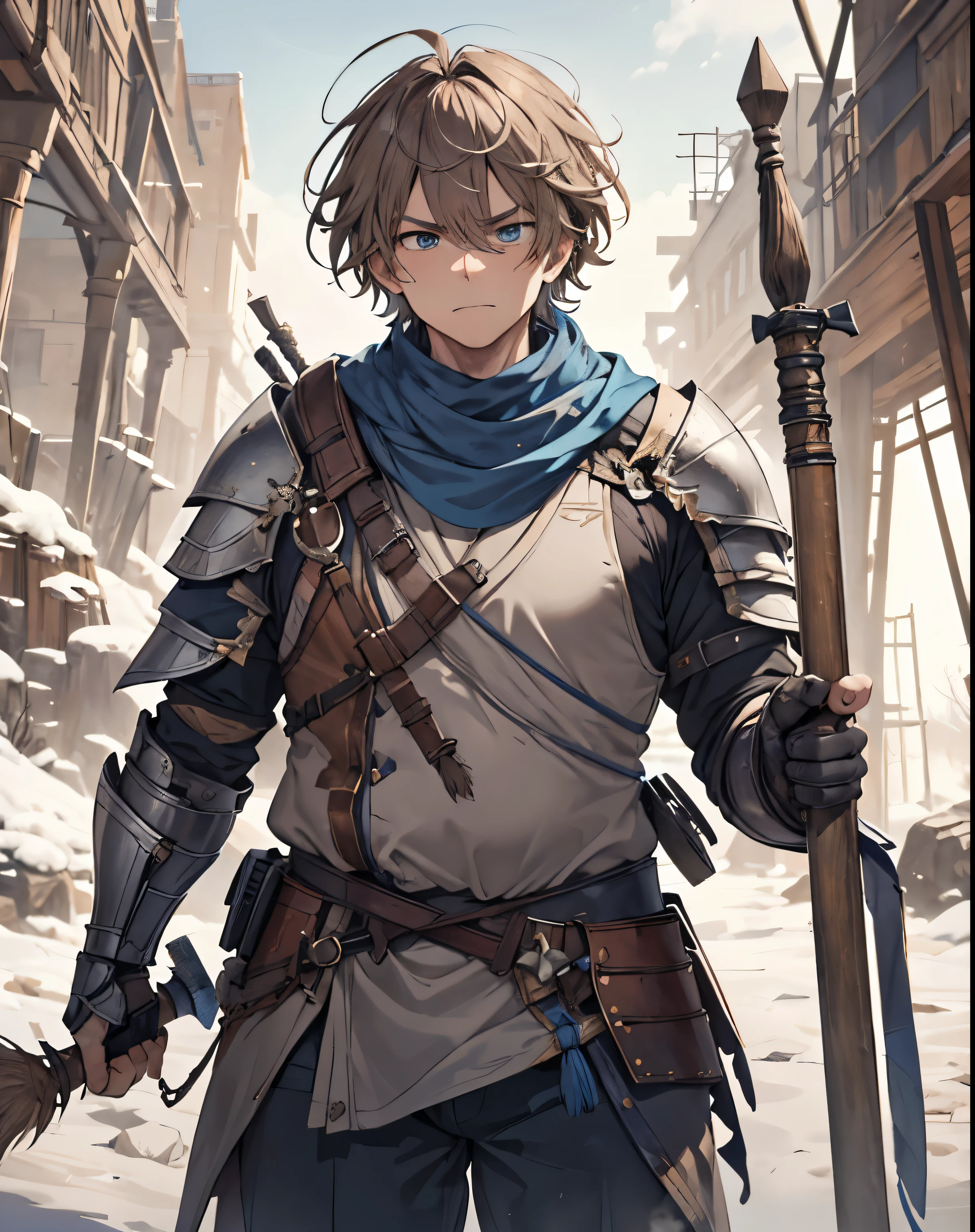 masterpiece, 1men, sparrow, a brown haired men, wearing a blue medieval armored knight, short hair, messy hair, obese body, wearing knight clothes, he close her left eye, shirt ornament, angry expression, blue eyes, stand at snowy forest, ahoge, grey vest, shawl, full armor, bring big shield in his back, beautiful eyes, ugly face, fat body, ugly bastard, fatty face, very big stomach