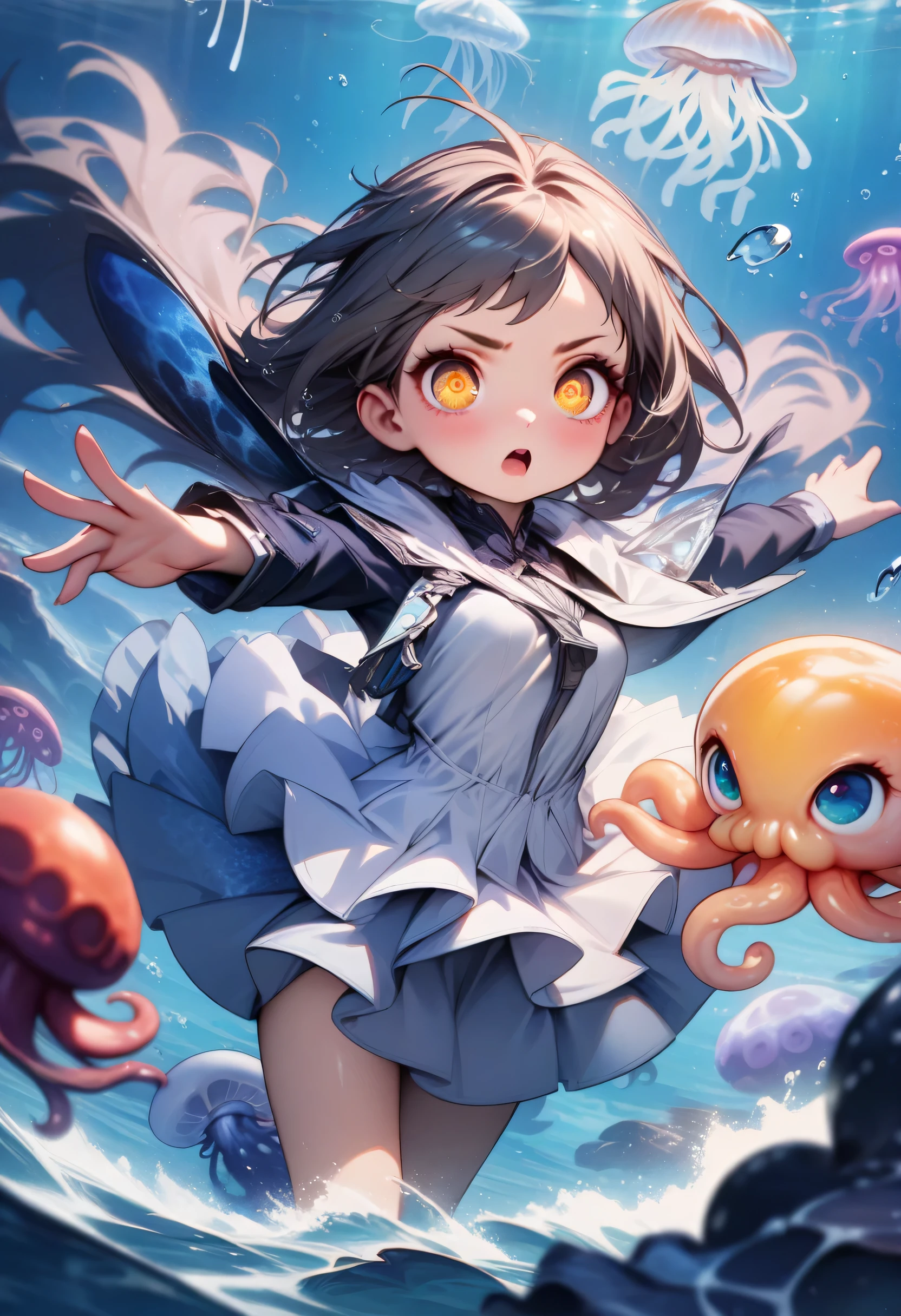 best quality,Astonishing,beautiful golden eyes,fine details,depth of field,Extremely detailed CG unified 8k wallpaper,1 girl,Deep sea background,jellyfish,masterpiece,fluttering detail splash, Beautiful and detailed water,cosmic eye,A sense of shock,(actual :0.5),octopus,The original,