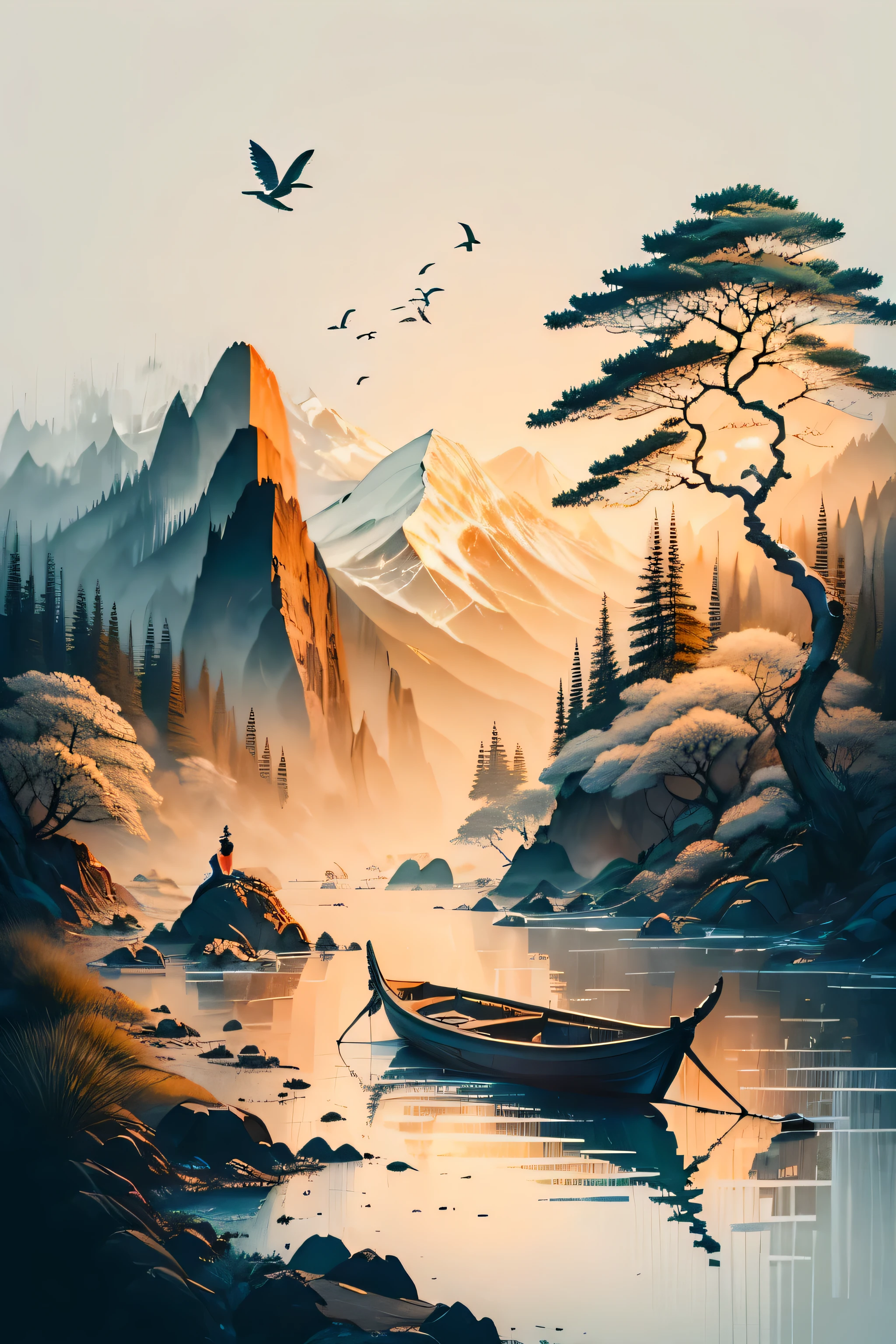(White background: 1.3), landscape, River, Fishing Boat, water, trees, birds, dye