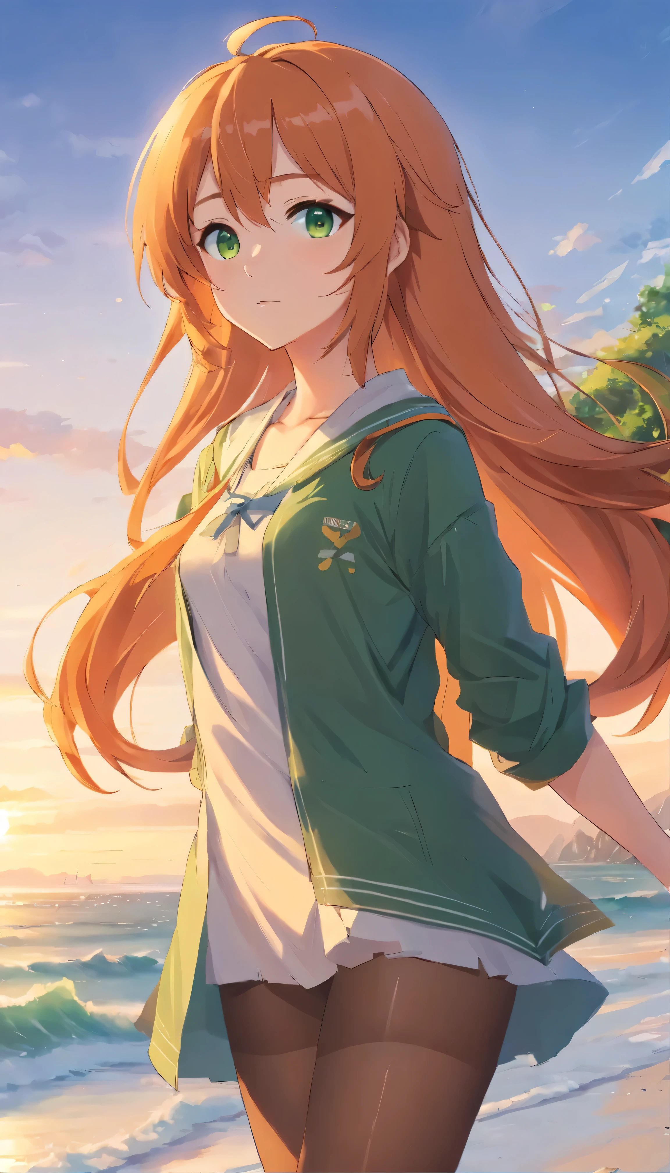 Anime girl with long orange hair, standing on the beach near the ocean, green eyes detailed digital anime art, anime girl with long hair, гладкое аниме cg art, anime girl with long hair, digital anime art, work in Guweiz style, Beautiful anime portrait, Photorealistic render of an anime girl, pantyhose, Beautiful anime girl, advanced digital anime art, guweiz на artstation pixiv HD UHD HQ