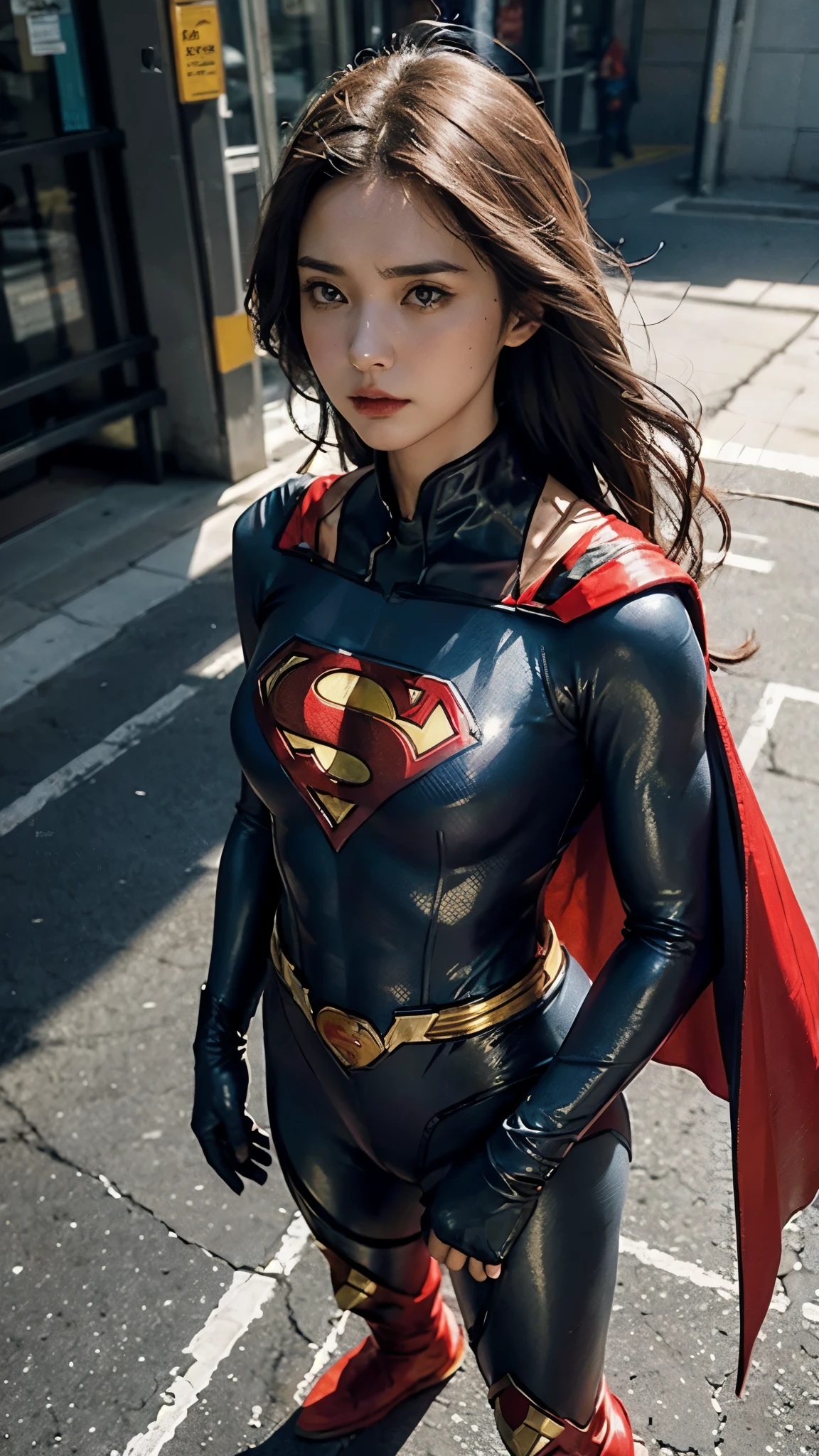 Woman wearing detailed SuperMan costume with full body sleeves covering the entire body, serious face, (flying in sky), vivid colors, dramatic lighting, red cape, cinematic costume, carbon fiber detailed suit, soldier pads