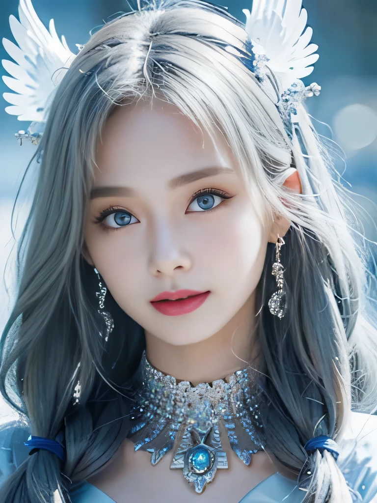 8K、彼女はWindの妖精、angel wings on the back、blue eyes、Dress that shows your collarbones、blue sky background、close up of face、gray hair、big feathers、Blue and white background、platinum decoration、platinum earrings、platinum necklace、プラチナsilver hair、platinum silver eyebrows、flashy decoration、white and blue、smile、clear white skin、well-groomed face、naganami、silver hair、expression of anger、she is angry、Wind、強Wind、Windでなびく髪、stern look、