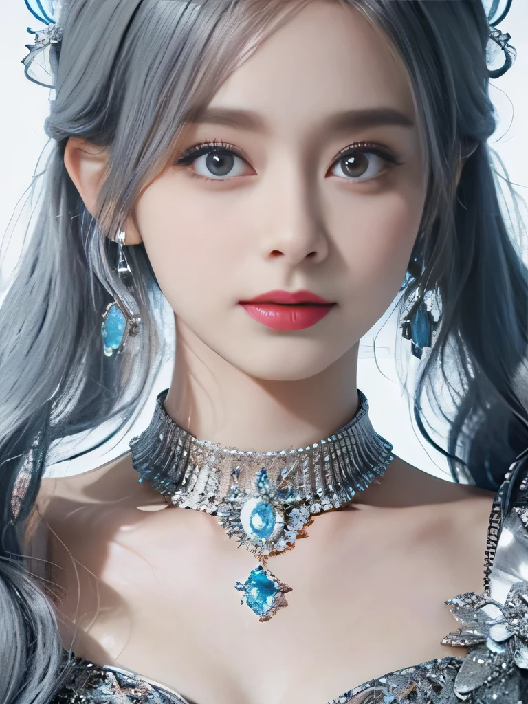 8K、彼女はWindの妖精、angel wings on the back、blue eyes、Dress that shows your collarbones、blue sky background、close up of face、gray hair、big feathers、Blue and white background、platinum decoration、platinum earrings、platinum necklace、プラチナsilver hair、platinum silver eyebrows、flashy decoration、white and blue、smile、clear white skin、well-groomed face、naganami、silver hair、expression of anger、she is angry、Wind、強Wind、Windでなびく髪、stern look、