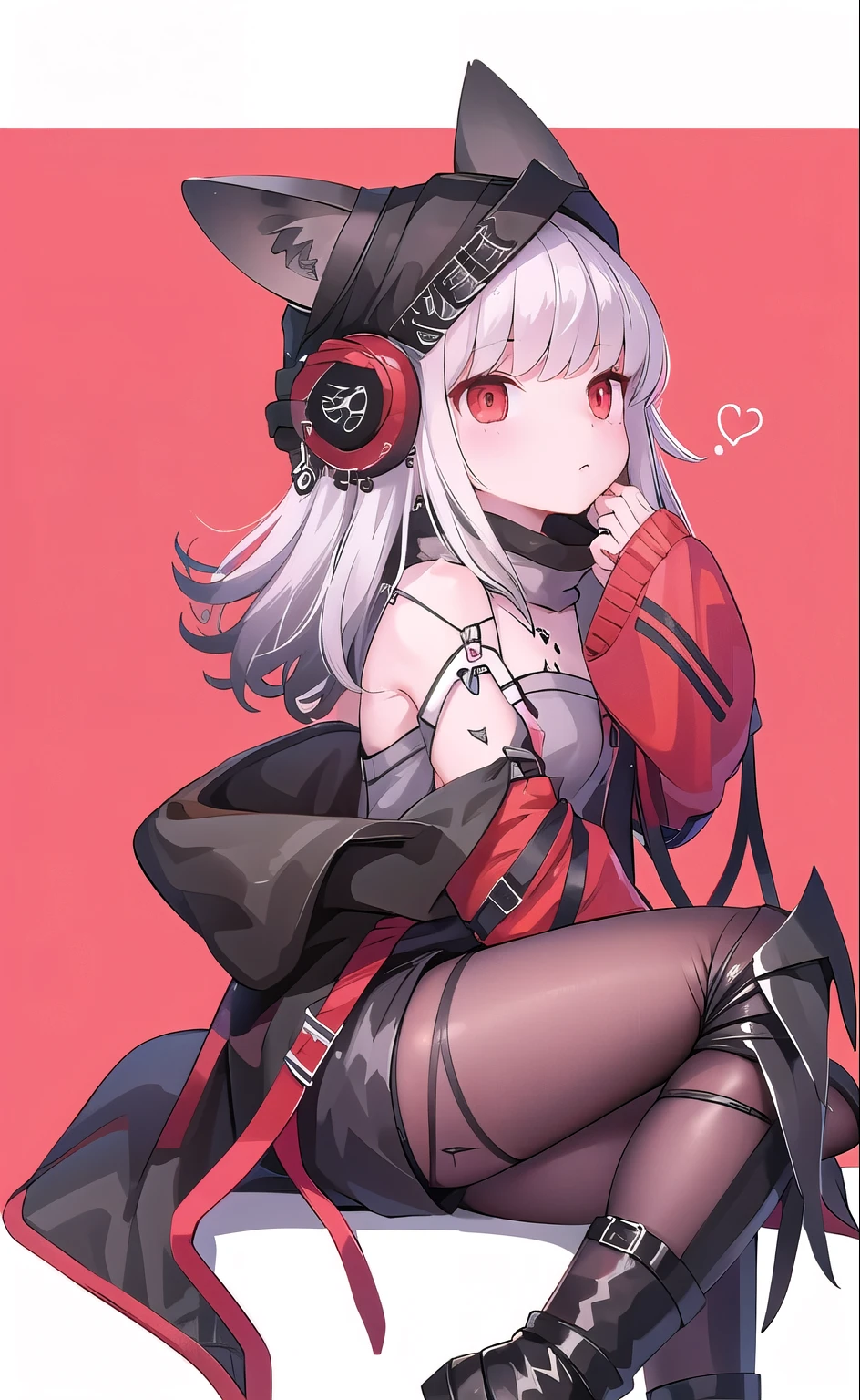 origin, 1 girl, alone, pantyhose, boots, Tail, long hair, Black footwear, looking at the audience, sitting, Off the shoulders, red jacket, Knee pads, fox Tail, from the side, off-shoulder Gray shirt, bare shoulders, Gray shirt, fox girl, black pantyhose, red background, 