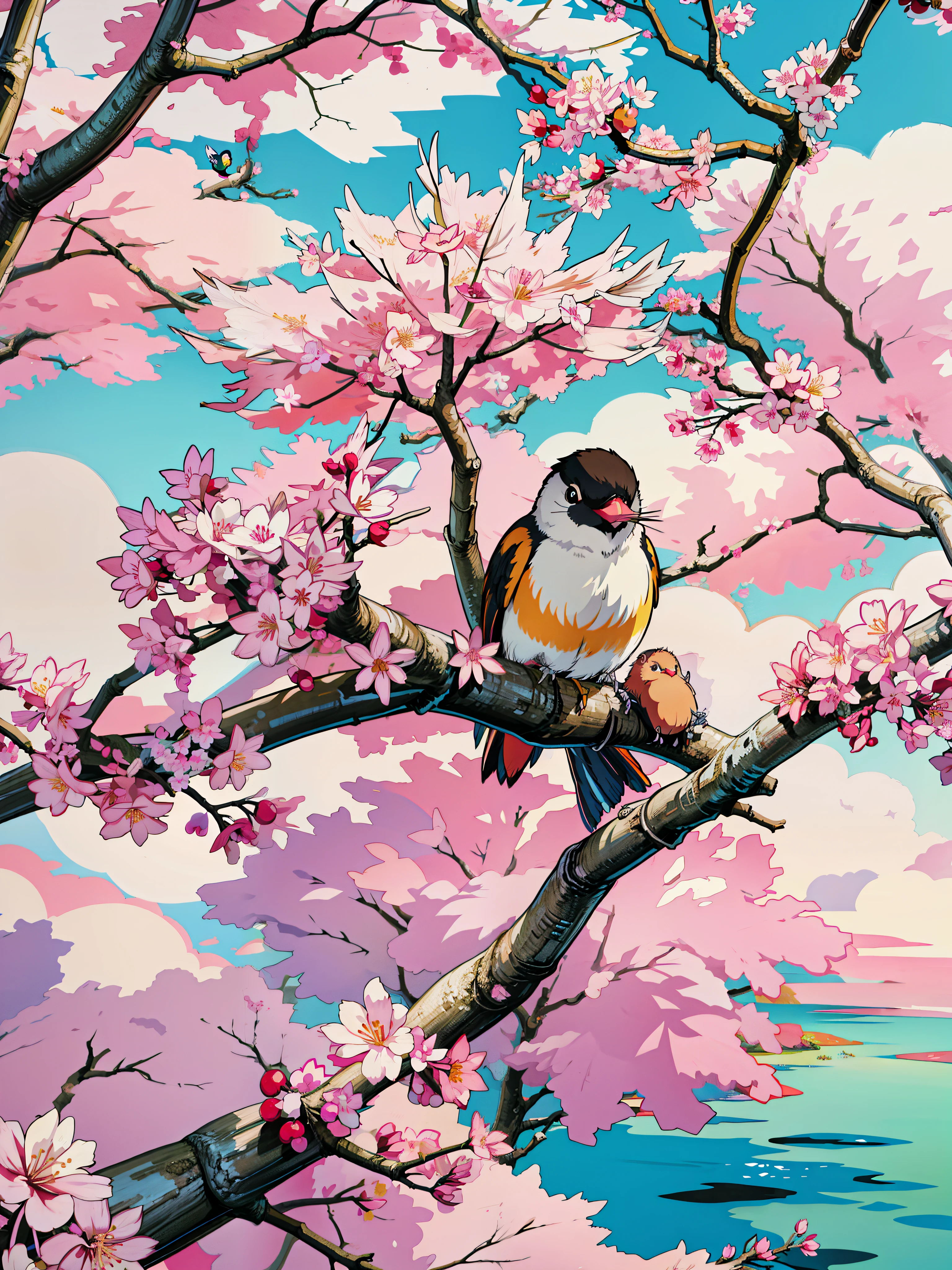 a small bird perched on a branch of a tree, birds on cherry tree, ( colorful ), sakura blooming on background, japan nature, cherry blossom background, cherry-blossom-tree, spring theme, cherry blossom, cherry blossoms, cherry blossom tree, spring, colorful bird with a long, spring vibrancy, plum blossom, springtime, by Hiroshi Honda, 4k hd,, beautiful art uhd 4 k, a beautiful artwork illustration, beautiful digital painting, highly detailed digital painting, beautiful digital artwork, detailed painting 4 k, very detailed digital painting, rich picturesque colors, gorgeous digital painting