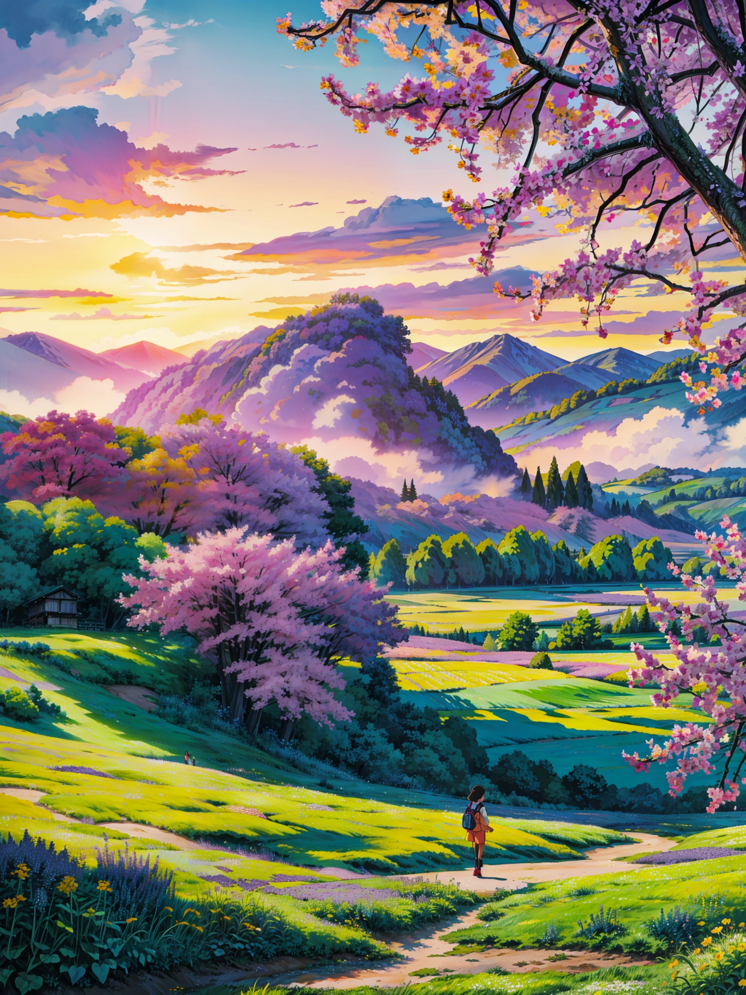 a field full of yellow flowers with a sunset in the background, violet and yellow sunset, at sunrise in springtime, japan nature, sunset warm spring, countryside in japan, japanese countryside, floral sunset, lush japanese landscape, ( colorful ), lush sakura trees, long violet and green trees, beautiful summer landscape, detailed fields nature, japanese landscape, beautiful dreamy landscape, sunny landscape, 4k hd,, beautiful art uhd 4 k, a beautiful artwork illustration, beautiful digital painting, highly detailed digital painting, beautiful digital artwork, detailed painting 4 k, very detailed digital painting, rich picturesque colors, gorgeous digital painting