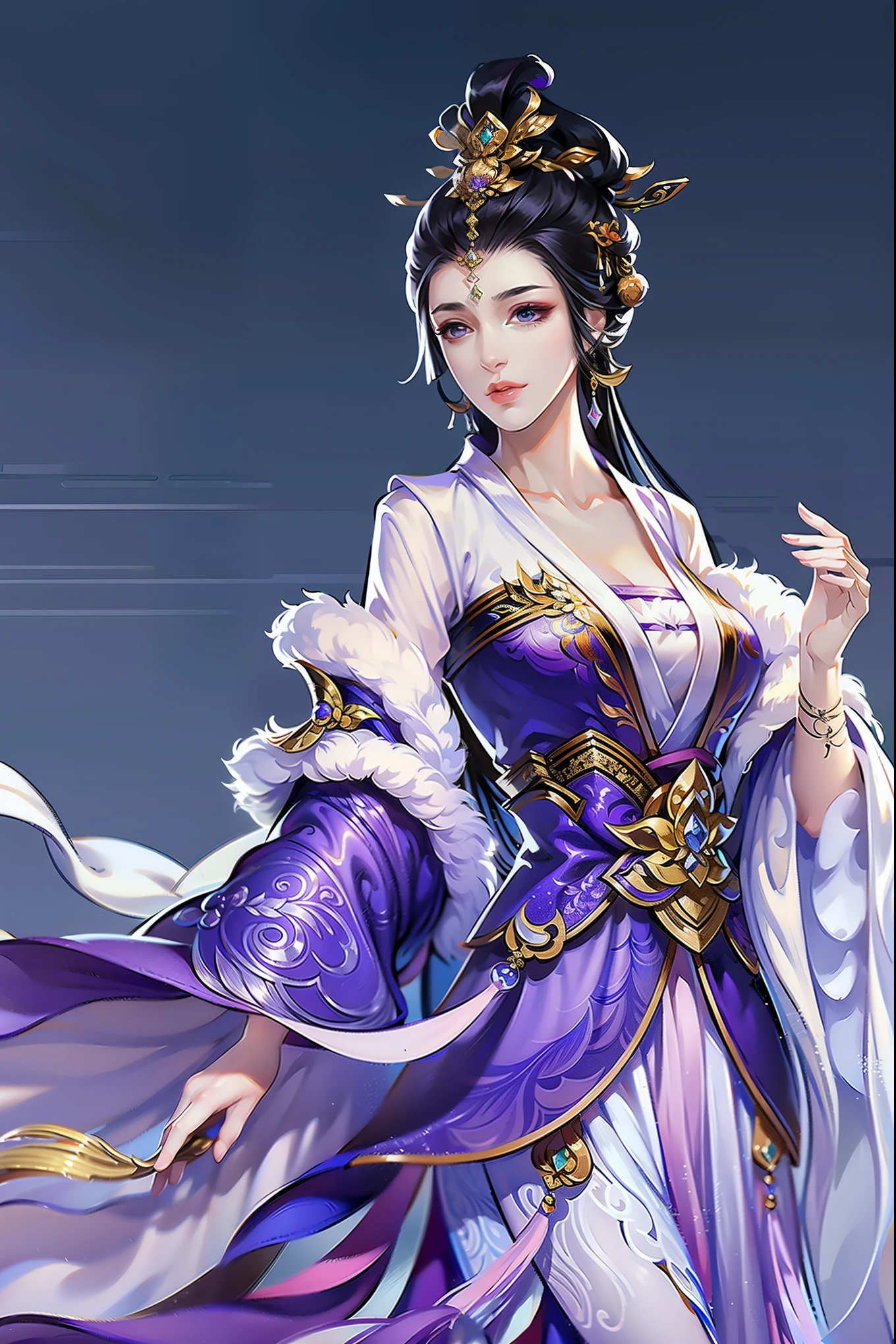 （masterpiece，super detailed，HD details，highly detailed art）1 girl，Half body，jewelry，xianxia，Purple attire，game senya，elegant，Highly detailed character designs from East Asia，Game character costume design，simple，ultra high resolution, sharp focus, epic work, masterpiece, (Very detailed CG unified 8k wallpaper)，pretty face，beautiful eyes，HD details