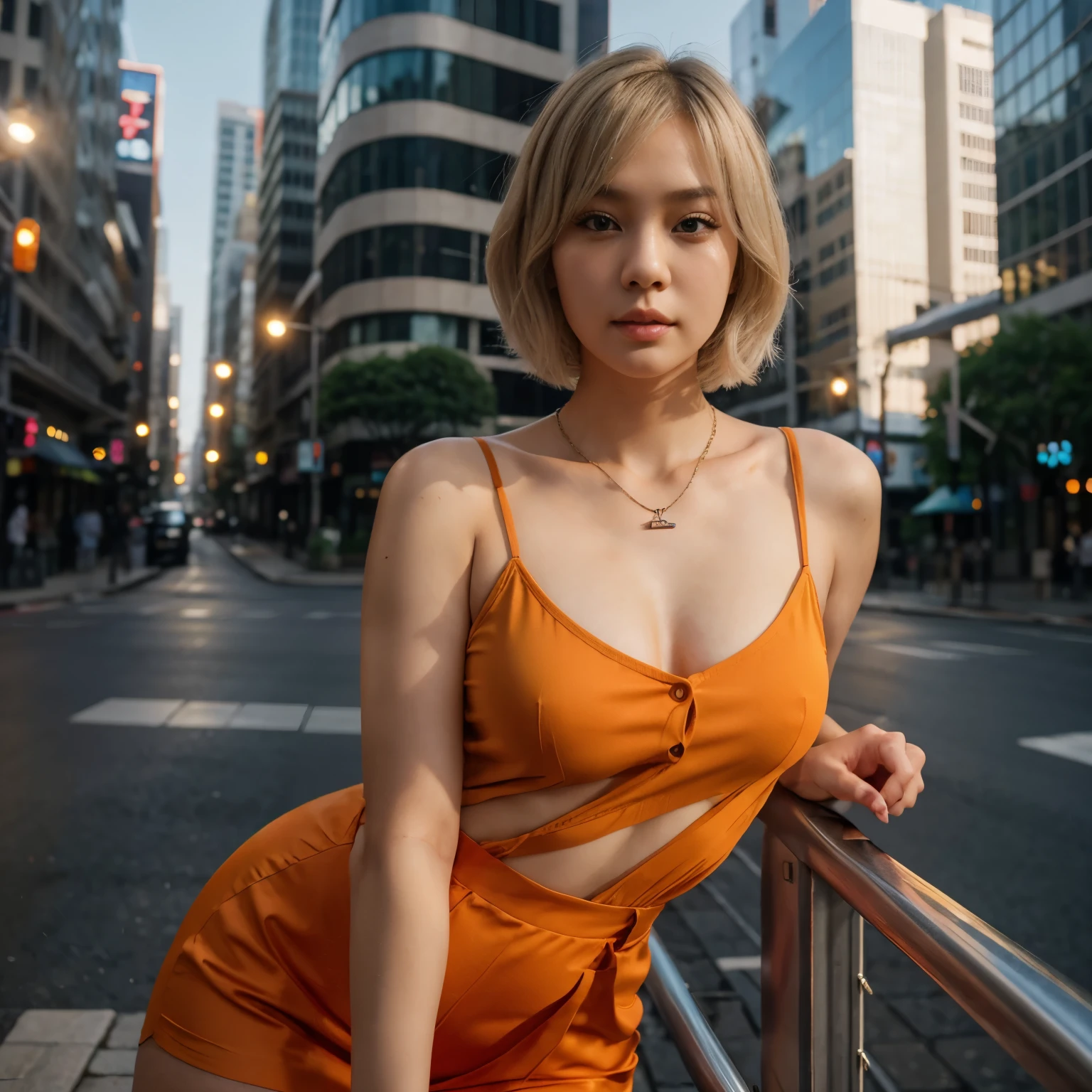 Curled bob cut, platinum hair woman in orange collared shirt posing to take photo in city, 8K artgerm Bokeh, well-proportioned body, beautiful korean woman, gorgeous necklace, beautiful young korean woman, soft portrait shot 8 K, korean girl, double and narrow eyes, beautiful gray eyes, Los Tran 8 K, Cute young woman, Korean woman, beautiful blonde girl