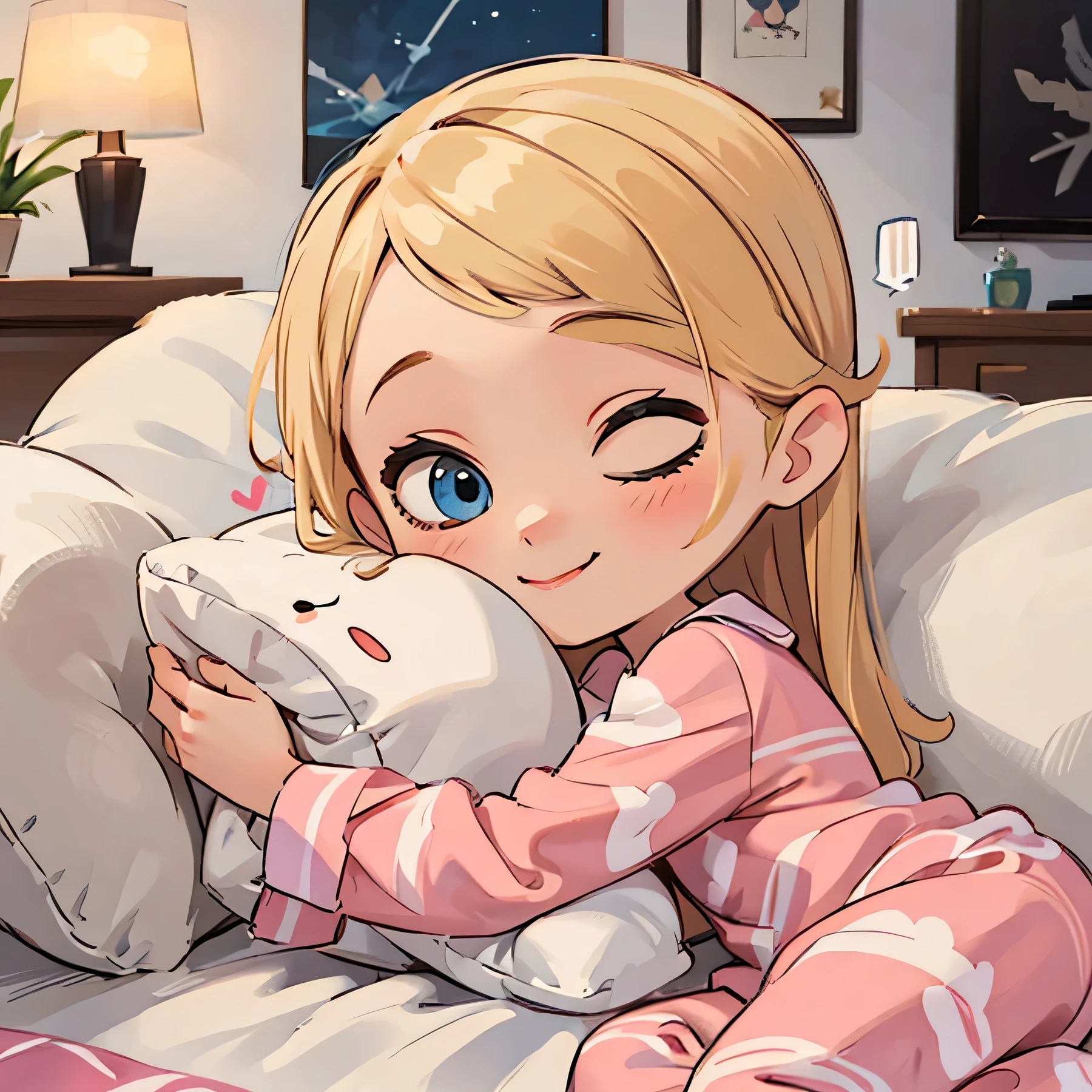 An adorable girl is sleeping peacefully on the couch, wrapped in extremely cute pajamas. Your pajamas are made of a soft and cozy fabric, in a soft color and with charming prints, such as hearts, stars or cute animals. She's lying on her side, hugging her favorite pillow, with a serene smile on her face. blue eyes, long hair, blonde hair, ,pink pajamas, giving her an even more charming look. Next to her is a fluffy, colorful blanket that keeps her warm in her sleep. The living room is illuminated by a soft light, providing a quiet and relaxing atmosphere. The girl conveys a sense of serenity and peace while lounging in the comfort of the couch.