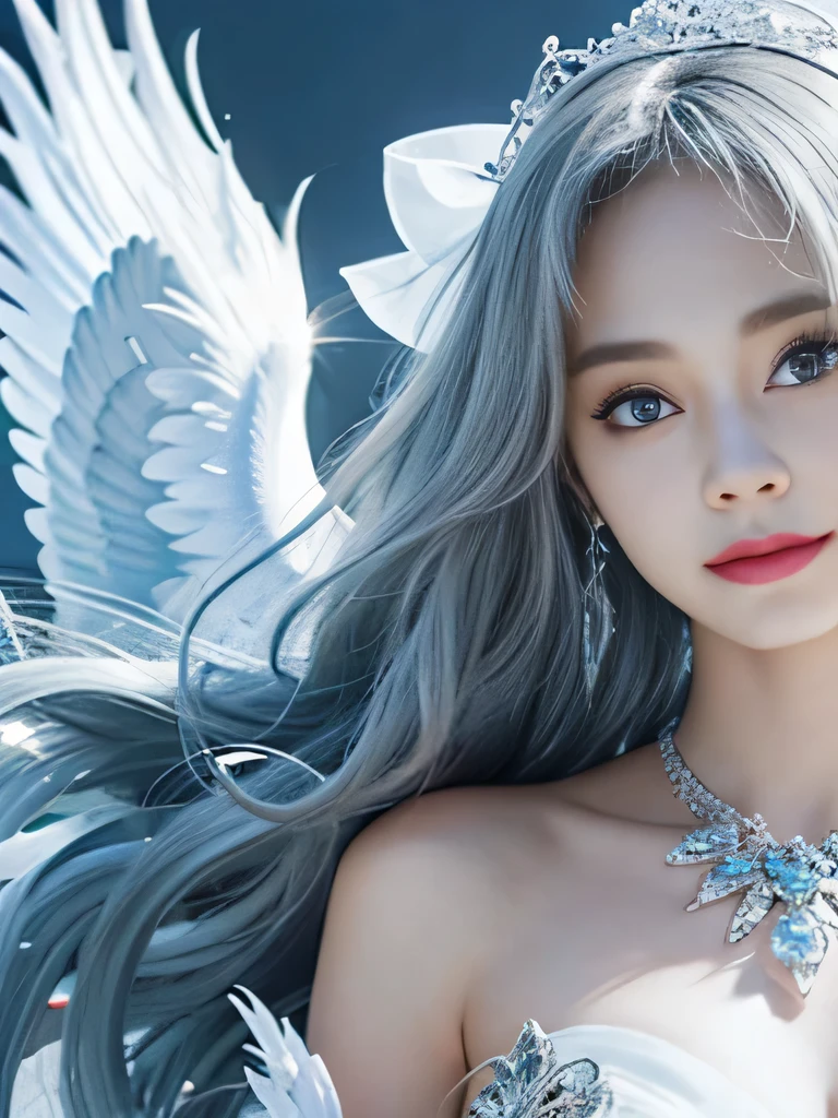 8K、she is a wind fairy、angel wings on the back、blue eyes、Dress that shows your collarbones、blue sky background、close up of face、gray hair、big feathers、Blue and white background、platinum decoration、platinum earrings、platinum necklace、プラチナsilver hair、platinum silver eyebrows、flashy decoration、white and blue、smile、clear white skin、well-groomed face、naganami、silver hair、The wind is blowing、that&#39;in a gust of wind、