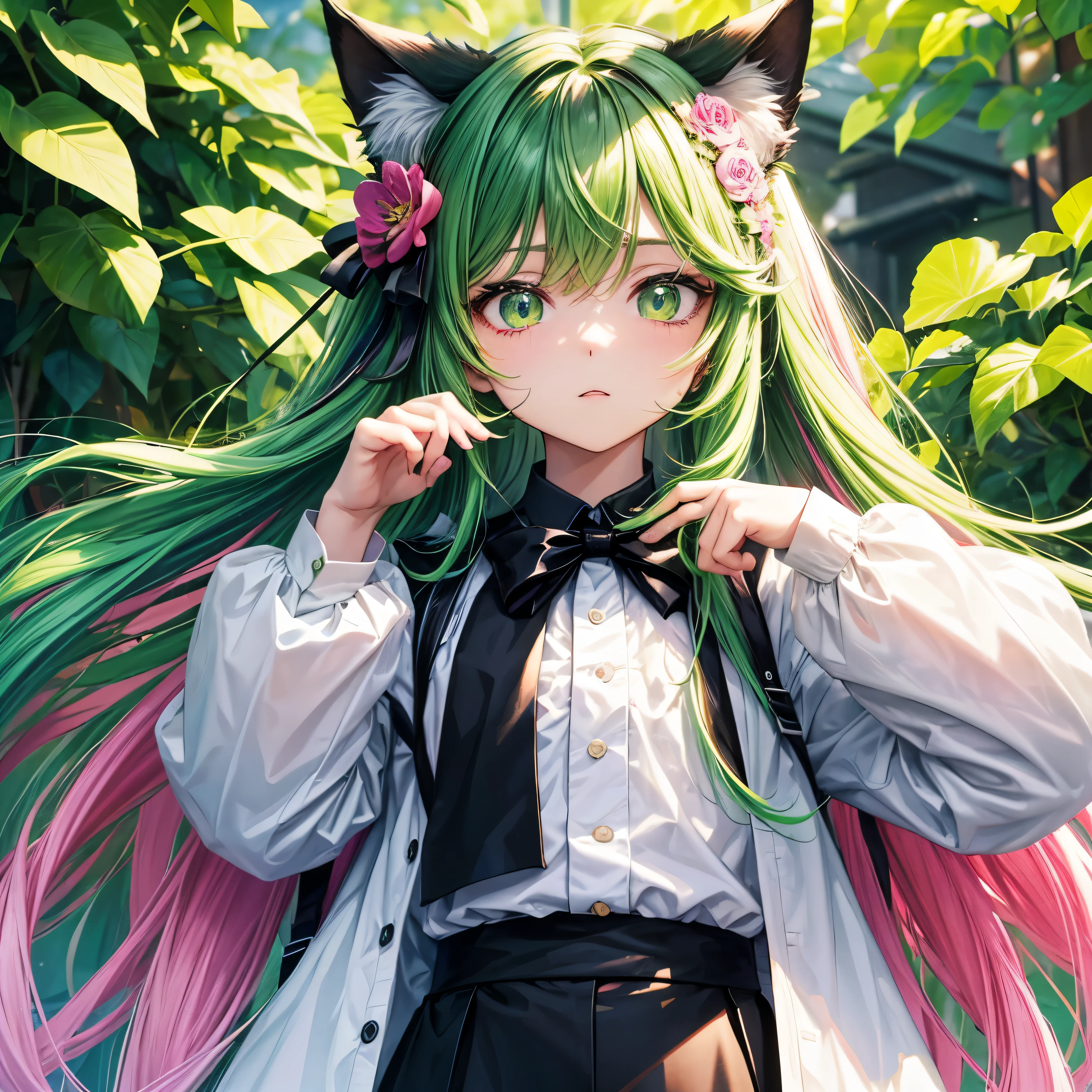 Two-dimensional beautiful youth、long hair、Green and pink hair、The green part is、#00fa9a color、The black part is pink、black cat ears、Boy character、positive、plain background、Clothes: white blouse, black jacket and black pants、No pose