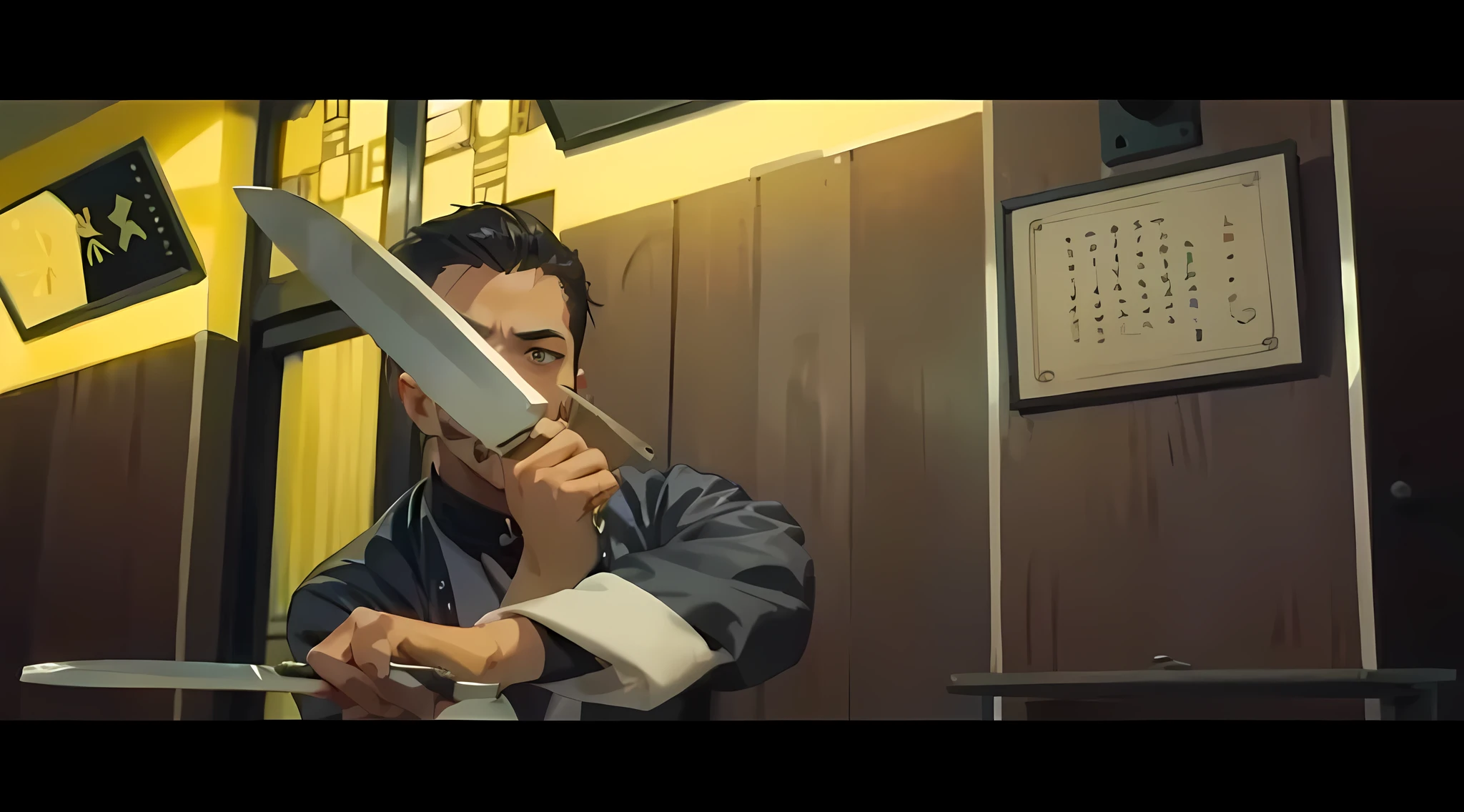 Best quality, very detailed, background matches the picture, anime boy, holding a knife, anime face, handsome,thin mustache