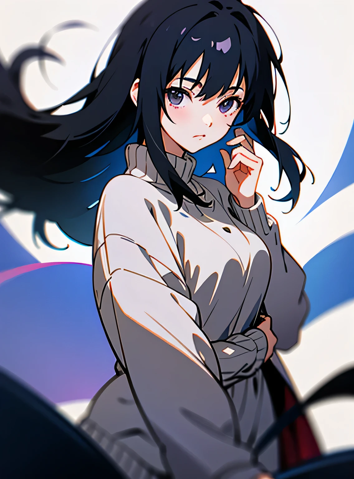 woman、black hair、The inside of the hair is purple、medium long hair、anime style illustration、gray sweater、Makoto Shinkai&#39;s anime style