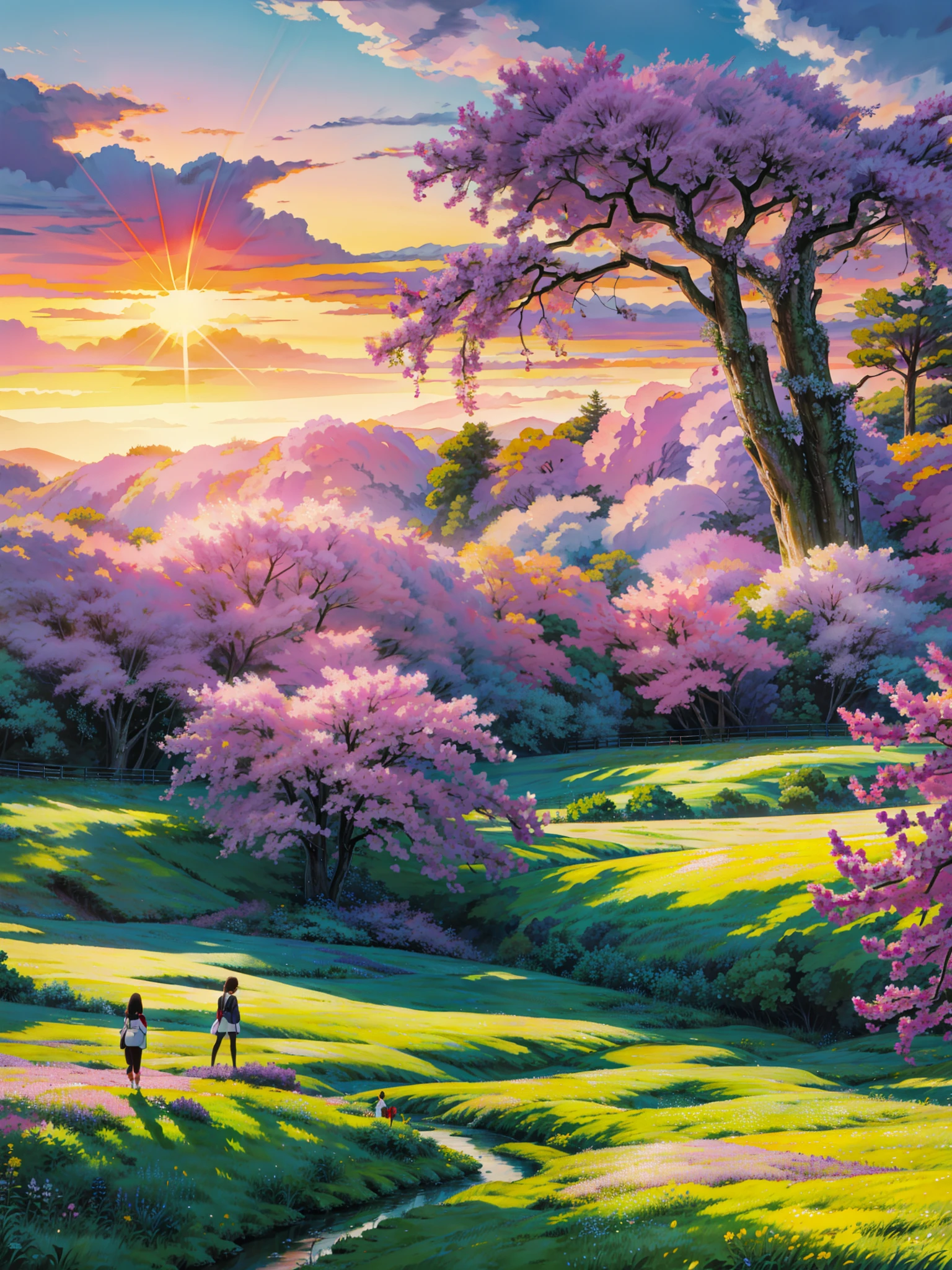 a field full of yellow flowers with a sunset in the background, violet and yellow sunset, at sunrise in springtime, japan nature, sunset warm spring, countryside in japan, japanese countryside, floral sunset, lush japanese landscape, ( colorful ), lush sakura trees, long violet and green trees, beautiful summer landscape, detailed fields nature, japanese landscape, beautiful dreamy landscape, sunny landscape, 4k hd,, beautiful art uhd 4 k, a beautiful artwork illustration, beautiful digital painting, highly detailed digital painting, beautiful digital artwork, detailed painting 4 k, very detailed digital painting, rich picturesque colors, gorgeous digital painting