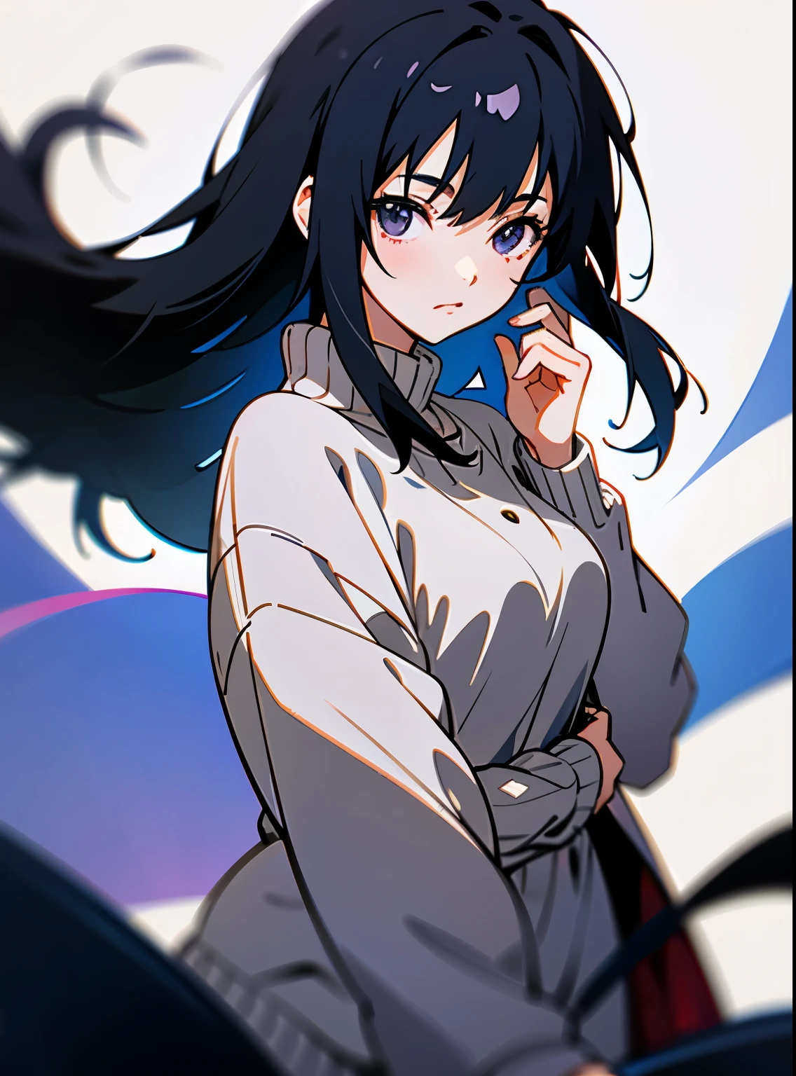 woman、black hair、the inside of the hair is purple、medium long hair、anime style illustration、gray sweater、Makoto Shinkai's anime style