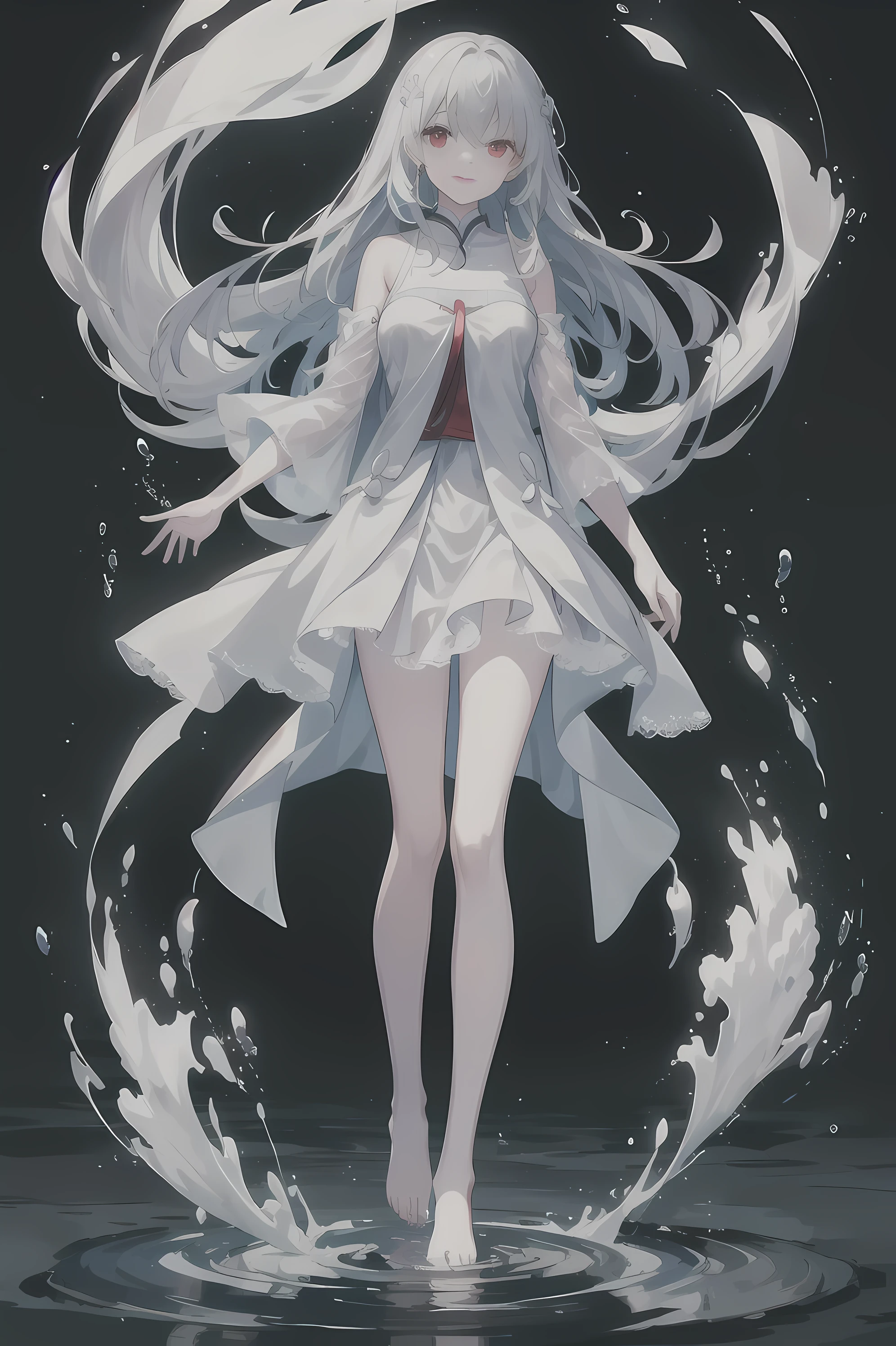Dreamy beautiful moonlight in dark forest。View of a from above。(wet silver hair and red eyes)。smile slightly。She only wore a long transparent white cloth,It has beautiful lace trim on it。Soak the cloth in water。(splashing in the dark forest lake at night)。(Hair or clothes are wet)。splash。Wet hair。Dripping water droplets。梦幻般的萤火虫在空中float、Light also reflects from water。near method and far method。glitter effects。Dynamic composition with depth。extremely high quality、high level of image quality、extremely refined。Rare workmanship,round,Room, Strong breasts),barefoot,float,water surface,(long legs,long legs,long legs,Gestalt),full-body shot。standing posture