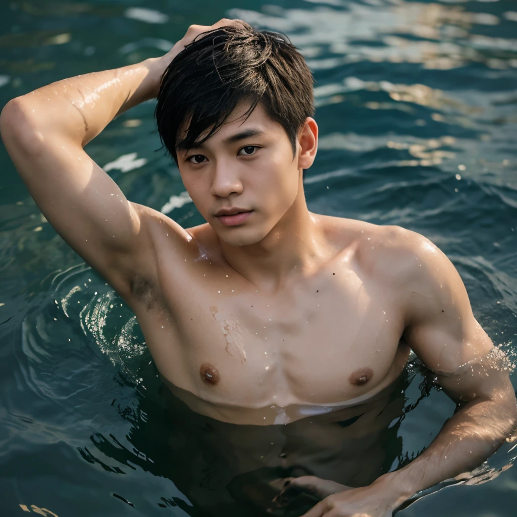 1boy,asian young man,3 days beard,skinny,,normal body, in the water ,