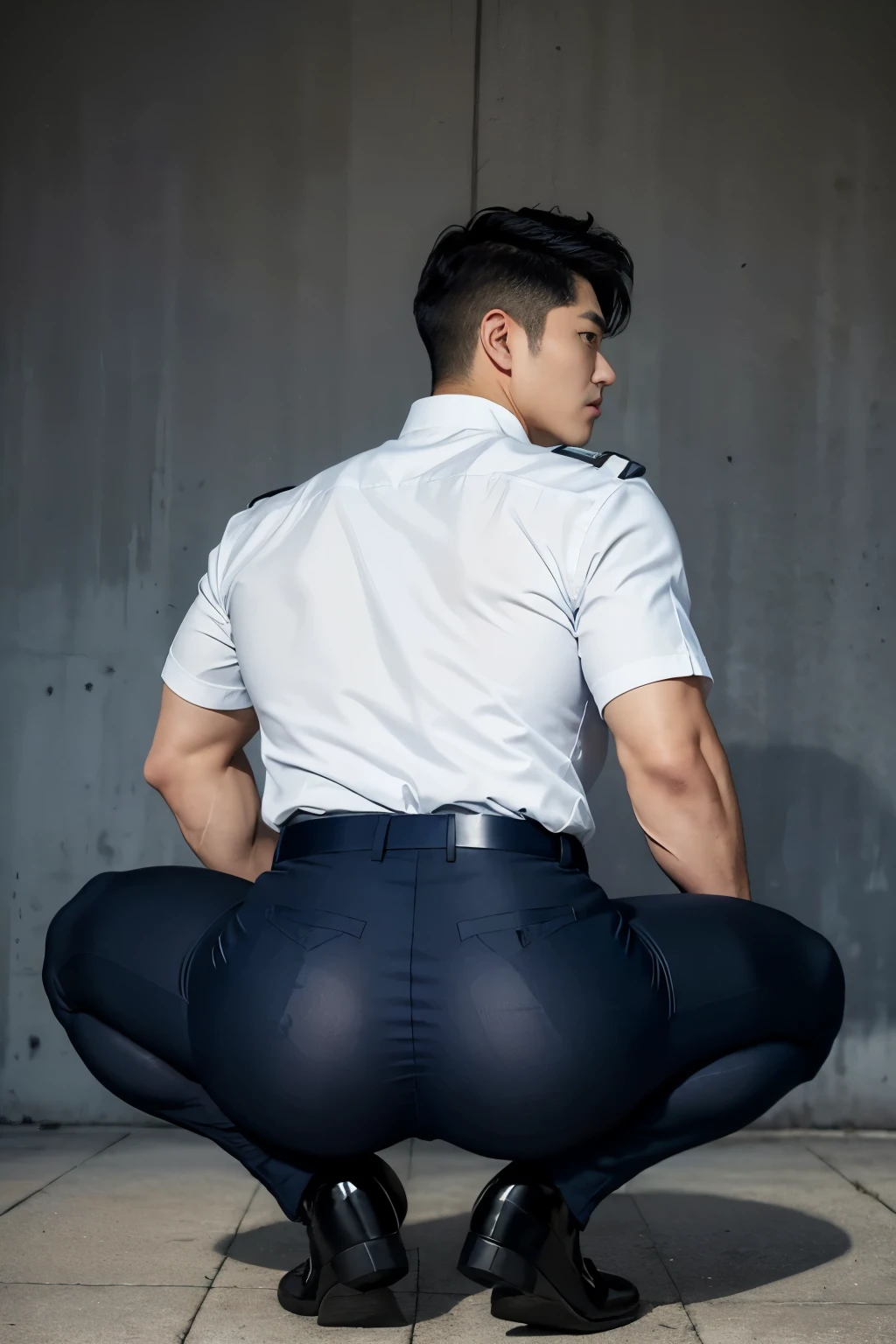 40-year-old boy ,Korean bulky male officer ,Wear navy blue police uniform shirt................ dark blue smooth tight trouser, transparent pants obvious underwear print ,((unrealistic super big tight butt wearing pants)), turn back to look at the camera, squatting on the ground.