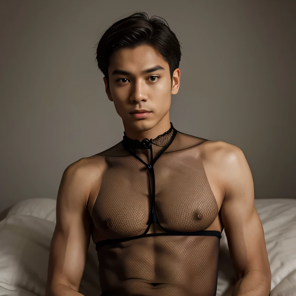 1boy,asian young man,3 days beard,skinny,twink,normal body , bondage , trnasprent dentelle bodysuit ,,intense gaze ,cover shot, instagram model,perfect hands , fullbody