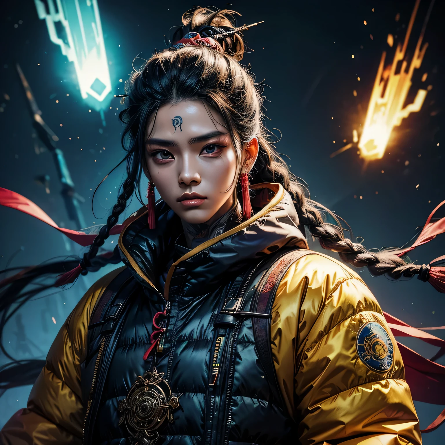 wuxia,1rapper with tattoos,dread hair,puffer jacket,super colorful,luminous colorization,illustration