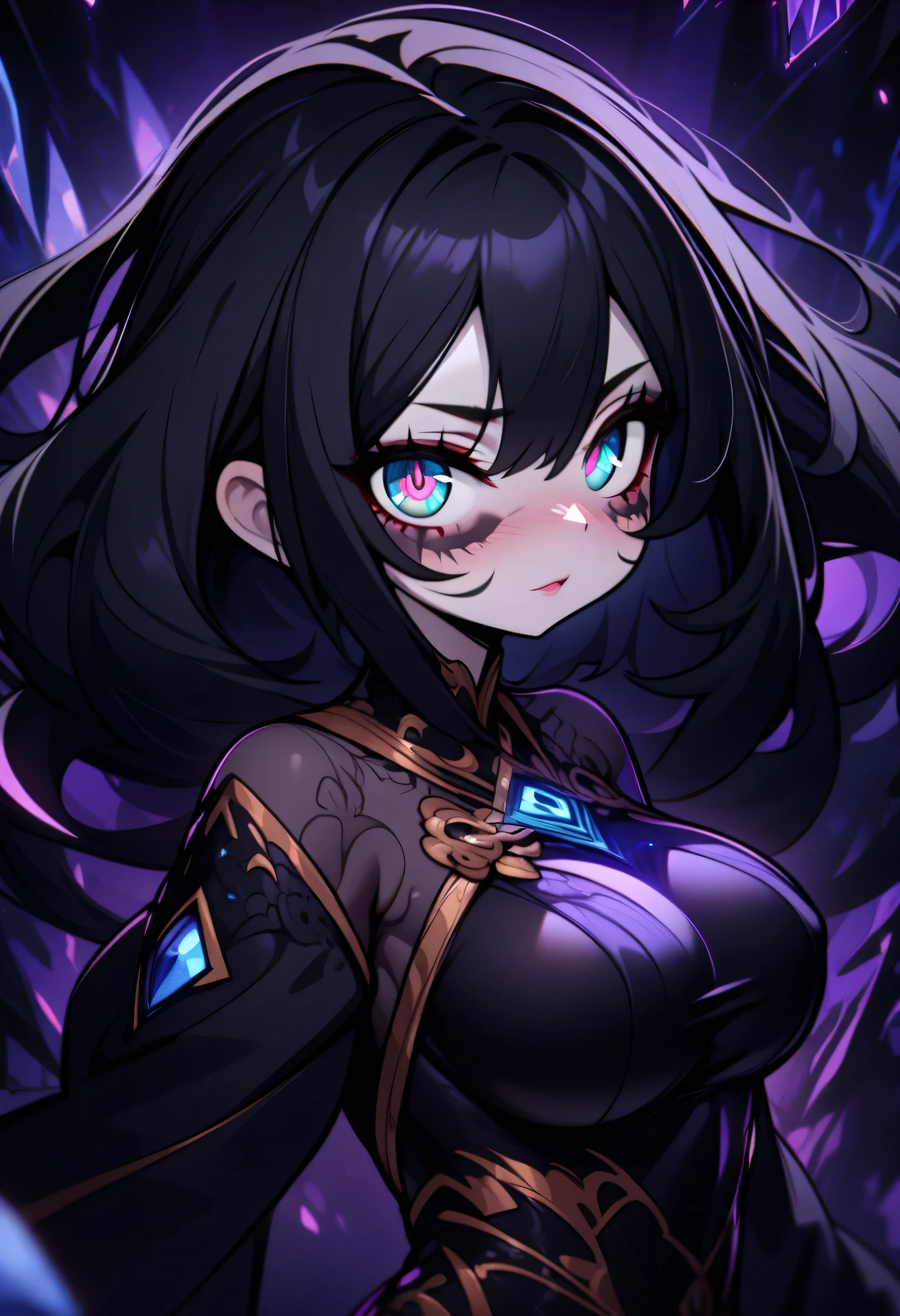 a close up of a detective woman with a bird like body, xayah league of legends, black hair with orange tips, black wings, black and purple armor, pale skin, long fluffy tail, one girl, goth makeup, heavy black makeupfullbody commission for, character adoptable, deviant adoptable, harpy, curvy, covered big breasts