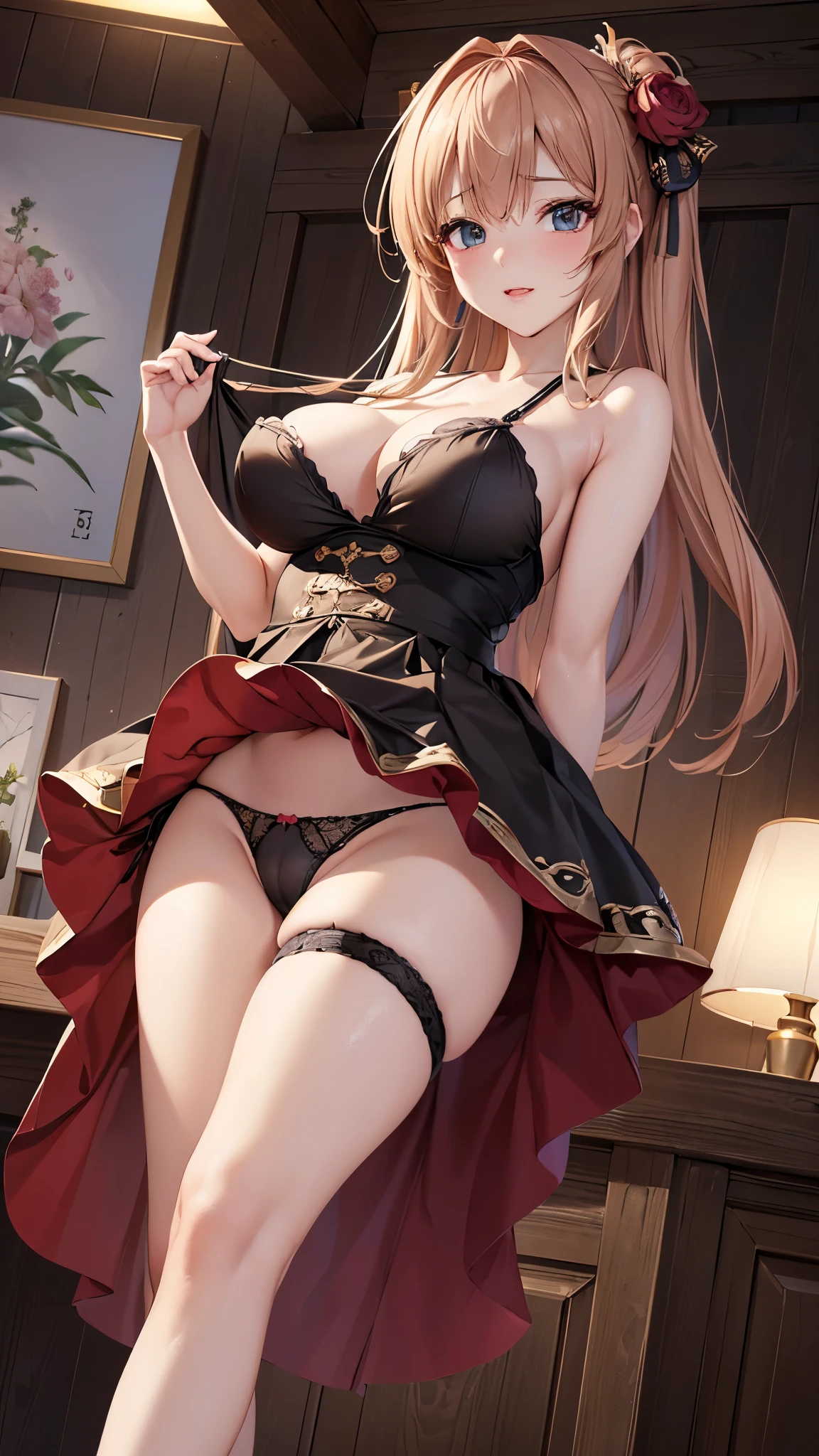 ((highest quality、High resolution、Highly detailed CG Unity 8K wallpaper))、detailed face、perfect body、unparalleled beauty、beautiful breasts、open your legs、erotic expression、I&#39;m seducing you、((She lifts up her skirt and shows her panties))