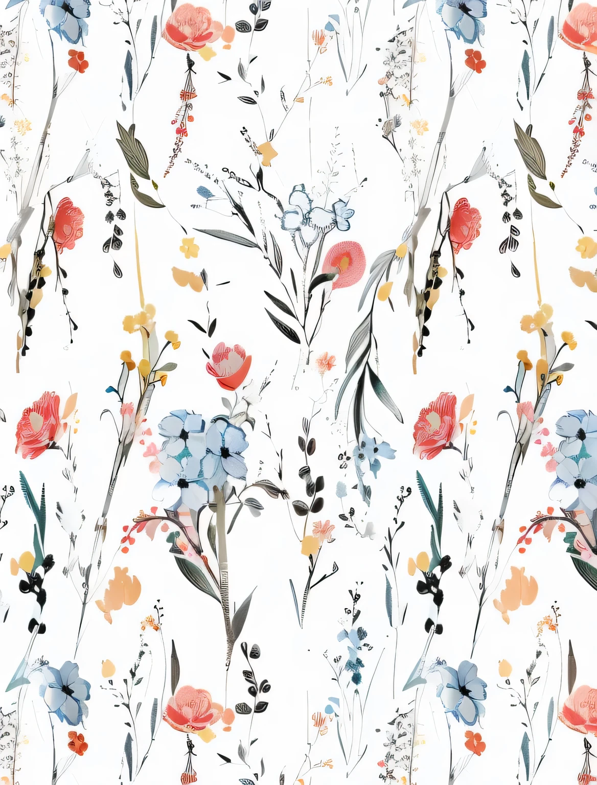 White background,flowers and leaves pattern, Textile printing, flowery, plant,Excellent details, Chinese style pattern, plant