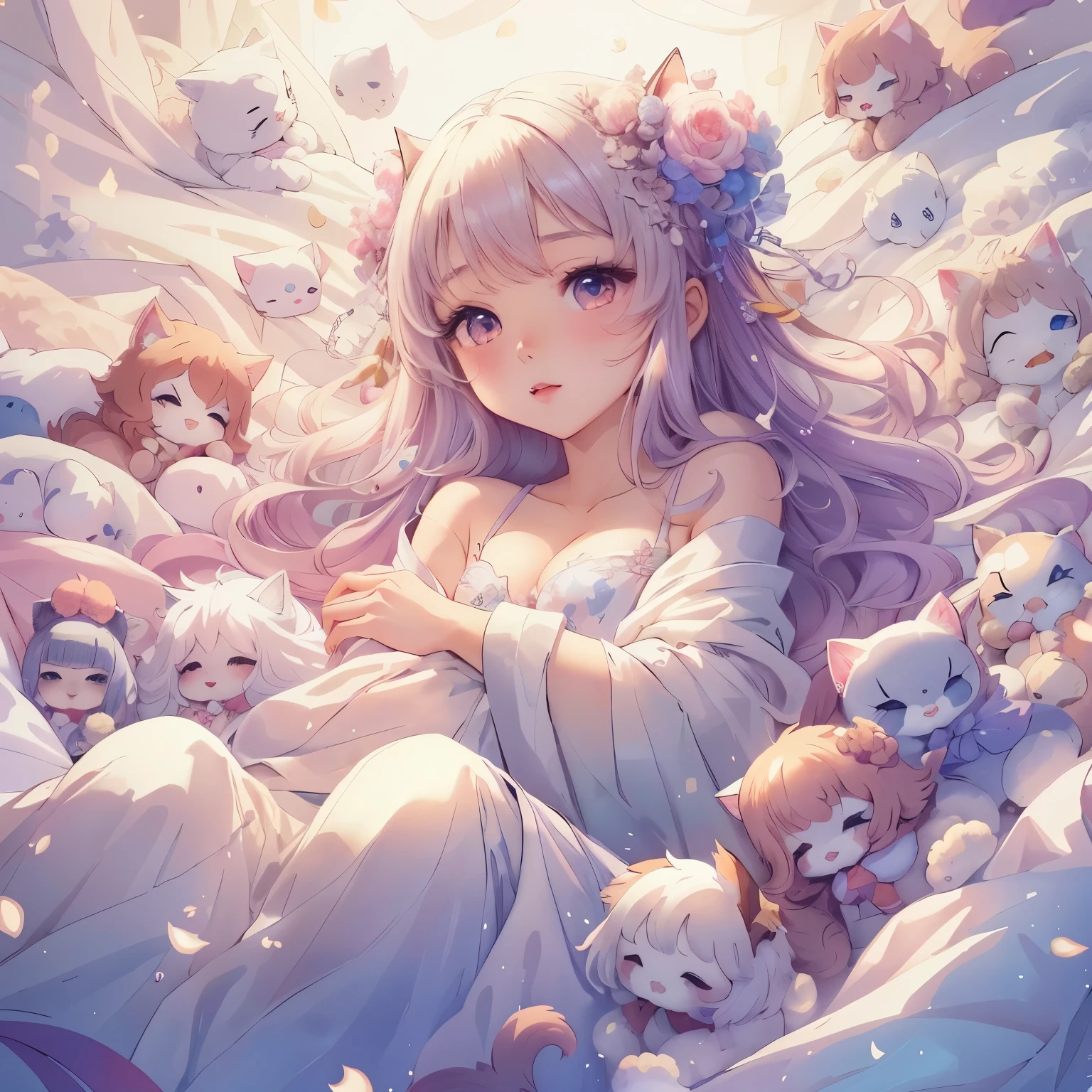 Anime girl surrounded by stuffed animals on a bed with white sheets, white lace bra, soft anime illustration, anime fantasy illustration, beautiful anime artwork, Gweiz on pixiv artstation, Trending on Art Station Pixiv, beautiful anime art, Gweiz on artstation pixiv, cute detailed digital art, beautiful fantasy anime, very beautiful anime cat girl, Gweiz
