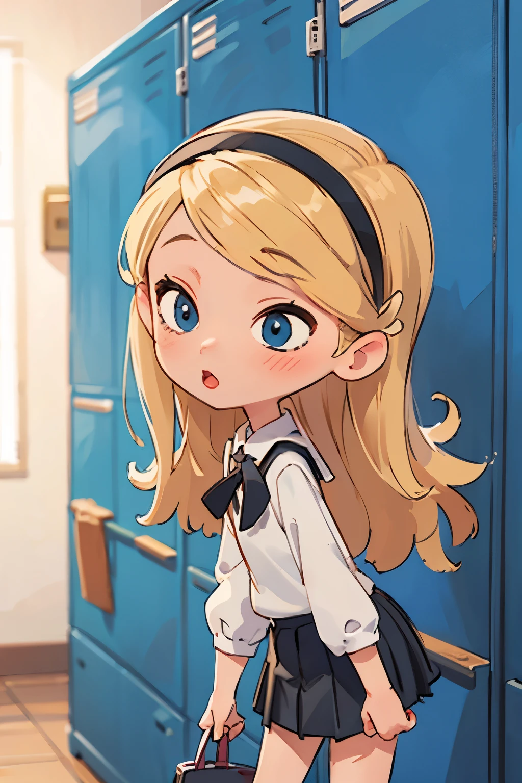 1Girl, cute, beautiful, very young, long hair, blonde hair, hairband, dark blue uniform, puffy white sleeves, black tie, dark grey skirt, pleated skirt, mouth closed, cute face, small butt, (school lockers),