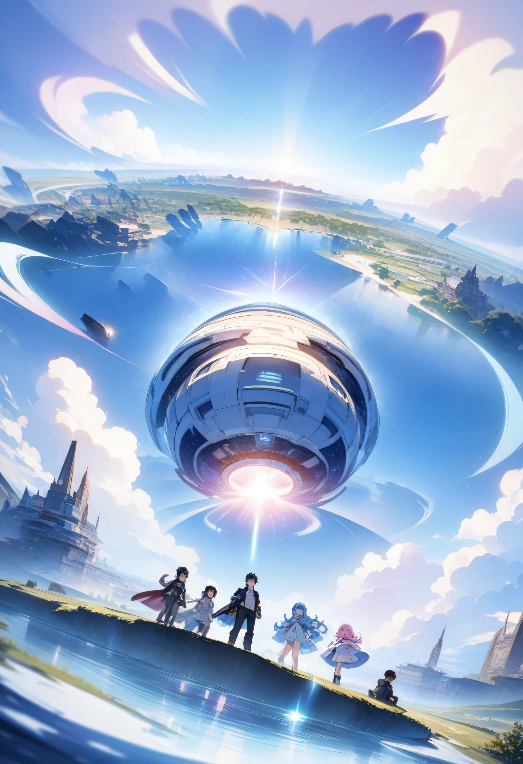 official art, unified 8k wallpaper, Super detailed, best quality, Natural light, (masterpiece: 1.2), (Boys and girls meet in different time and space), (parallel time and space), They come from different time and space, (The boy&#39;s time and space is a prosperous city in the future), (The time and space of girls has become a thing of the past, Serene countryside), multiverse, divided world, Ultra-fine, epic scene, blue sky, cloud, meteor, shining light, panoramic, Illusion Engine 5 rendering, futuristic sci-fi style, fantasy style, from below, (Fisheye lens lens), (masterpiece), (best quality)