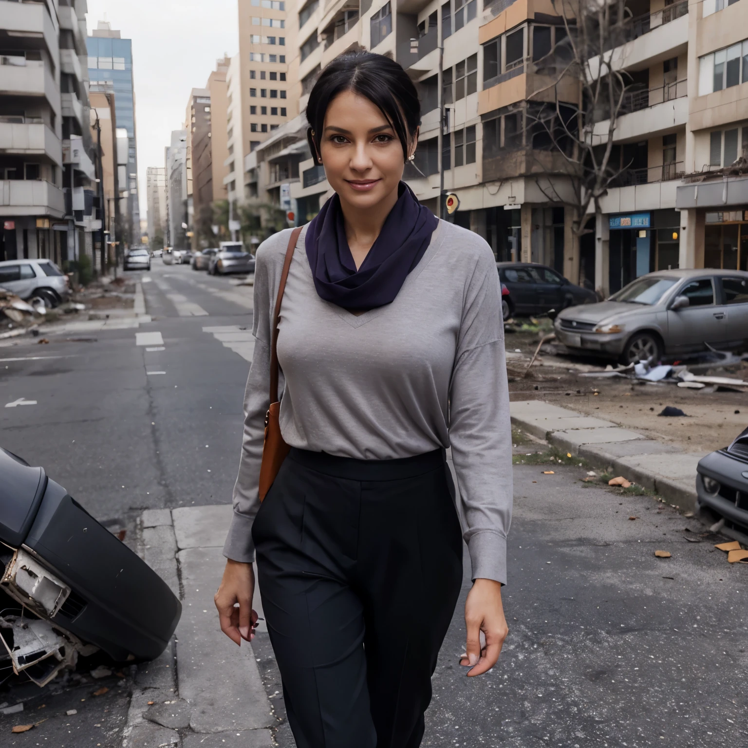 Elegant women , in his 50s, mature, dark black hair, short straight hair, hair up to neck height, orange eyes, black eye patch, gray social blouse, dark blouse underneath, purple scarf on tie, gray social pants, black social shoe, ivory colored cane, smiling discreetly, muscular man,  Scenery abandoned city, wreckage, beautiful man.