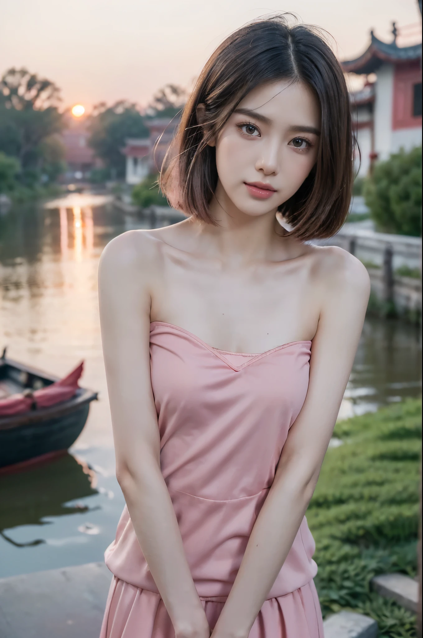 ((((8k))),((Extremely meticulous CG)) ,(wallpaper),16k,((Extremely refined and beautiful)),(((Masterpiece))),(((best qualtiy))),(((Ultra High Resolution))),beautiful light up,Perfect lightning,realistic shaded,((high resolution)),(Smooth and flawless skin:1.5),(Extremely exquisite facial details:1.2),(perfect body:1.2),(ultra-detailed),((A beautiful girl,solo)),(small head:1.2),(pale skin:1.3),(shoulder-length straight bob hair:1.2),(small face:1.2),(baby face:1.3),(Exquisite makeup:1.2),(blush:1.3),(small breasts:1.2),(flat chests:1.2),((slim,thin)),(laughing:1.2),(happy:1.2),(pink|red clothes:1.5),(outdoor:1.2),(early spring:1.3),(detailed background:1.5),(standing:1.3),(upper body:1.3),(from back:1.3),longing face,dusk,water town,waving hand,thin mist,The shore of willows,light smoke,warm afternoon,houses with white walls and black tiles,Chinese ancient village,heavy separation,tears,green mountains,sunset,worries,boat with a dark awning,river,