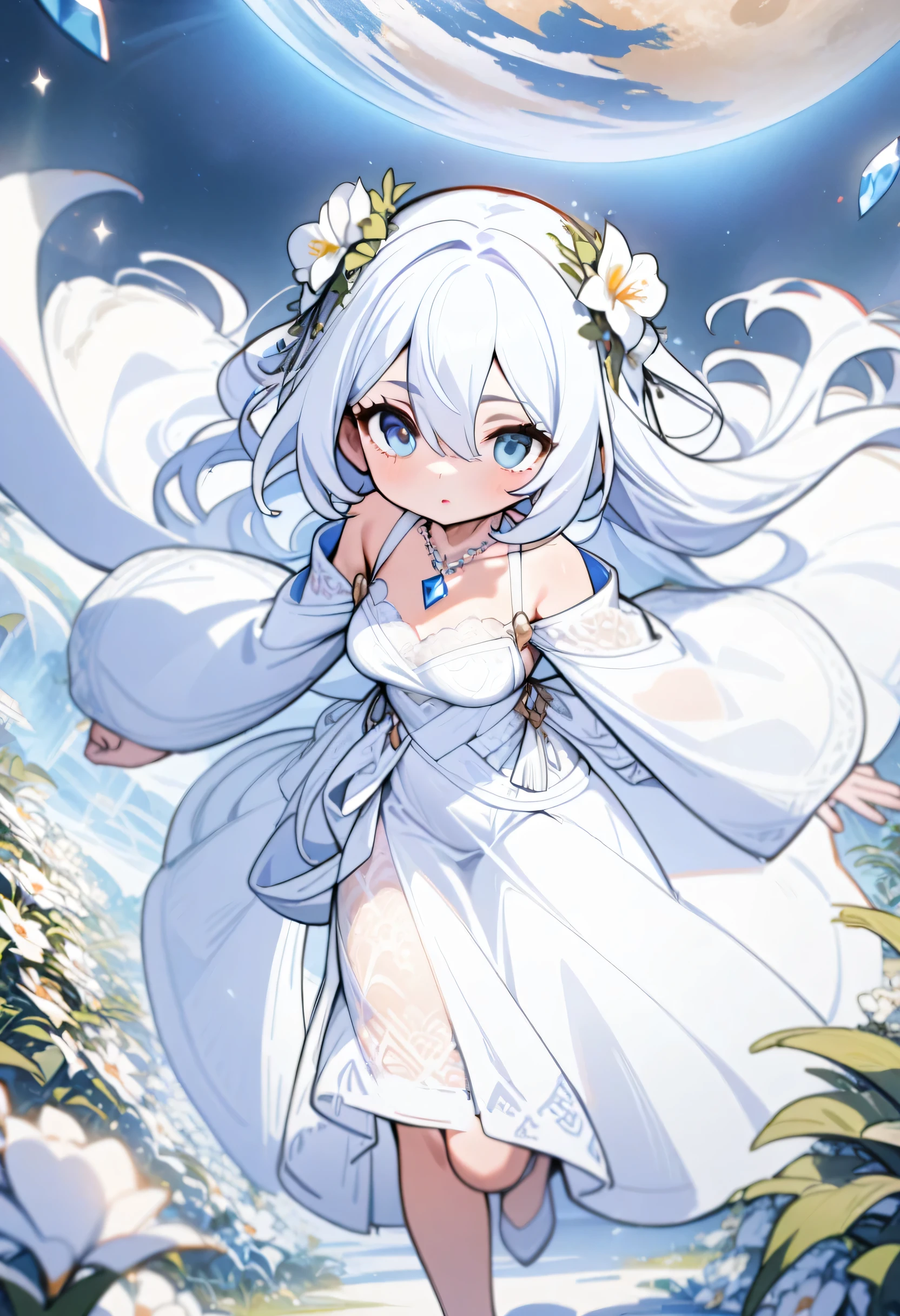 1 girl, whitefield, flowers, alone, blue eyes, looking at the audience, long white hair, white flowers, wreath, thin lips, skirt, crystal, moon, ring, Bangs, wide sleeves, necklace, new moon, glow, white lace skirt, walk, hair flower, planet, hair between eyes, (masterpiece), (best quality)