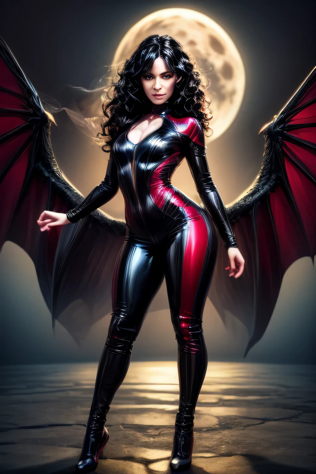 (best quality,4k,8k,highres,masterpiece:1.2),ultra-detailed,(realistic,photorealistic,photo-realistic:1.37), (girl like a sexy succubus of hell),( full body), (standing up sexy pose)intense expression, small Wings, flowing black and thick and wavy hair, athletic physique, dark  and red latex sexy clothes, dramatic lighting, high contrast, powerful dynamic lines, vibrant colors, fierce eyes, sharp fangs, ethereal atmosphere, intense energy, flying objects, shattered debris, swirling smoke, epic background, moonlit night, mysterious shadows
,demonictech,better_hands,hands