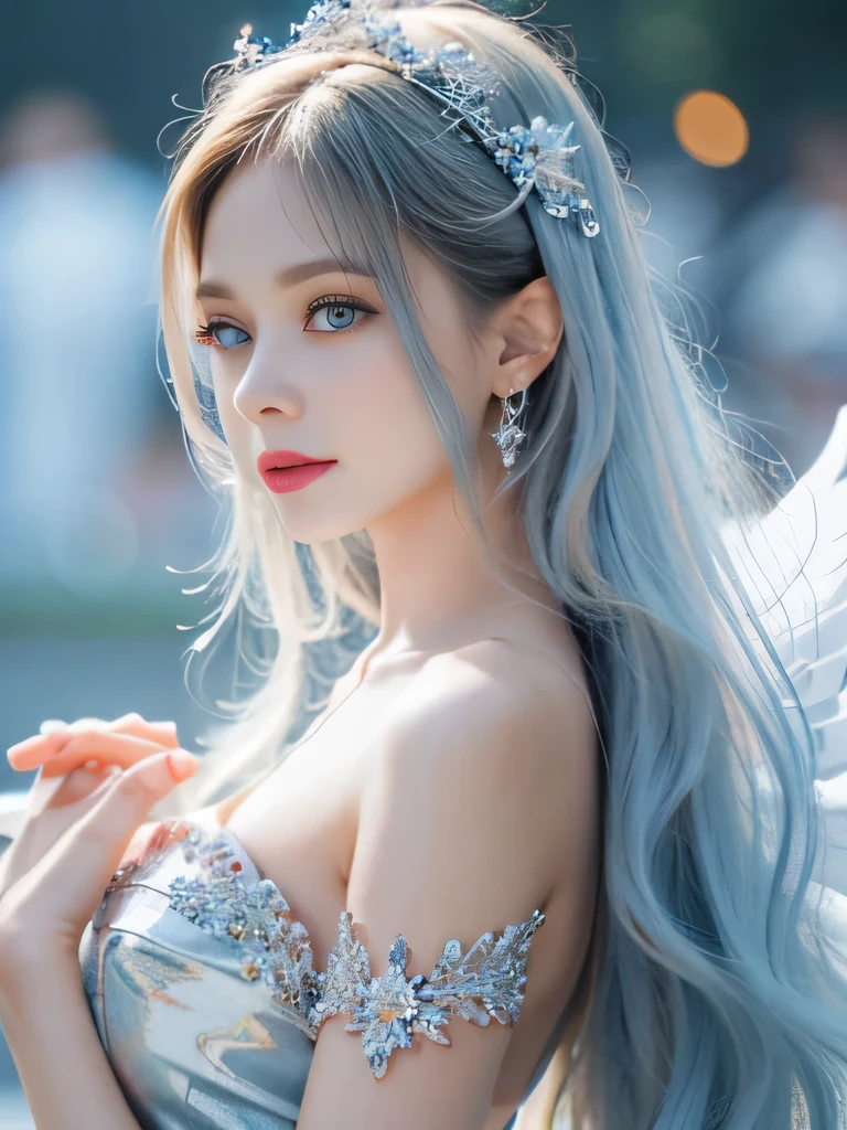 8K、she is a wind fairy、angel wings on the back、blue eyes、Dress that shows your collarbones、blue sky background、close up of face、gray hair、big feathers、Blue and white background、platinum decoration、hair fluttering in the crosswind、