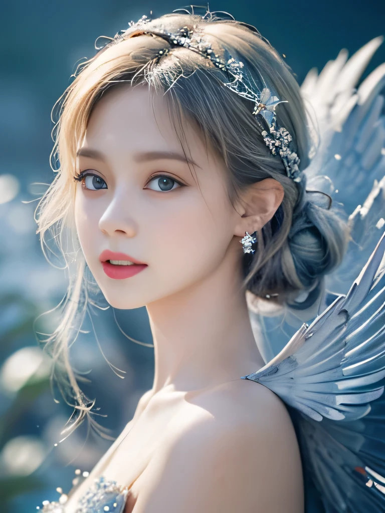 8K、she is a wind fairy、angel wings on the back、blue eyes、Dress that shows your collarbones、blue sky background、close up of face、gray hair、big feathers、Blue and white background、platinum decoration、hair fluttering in the crosswind、