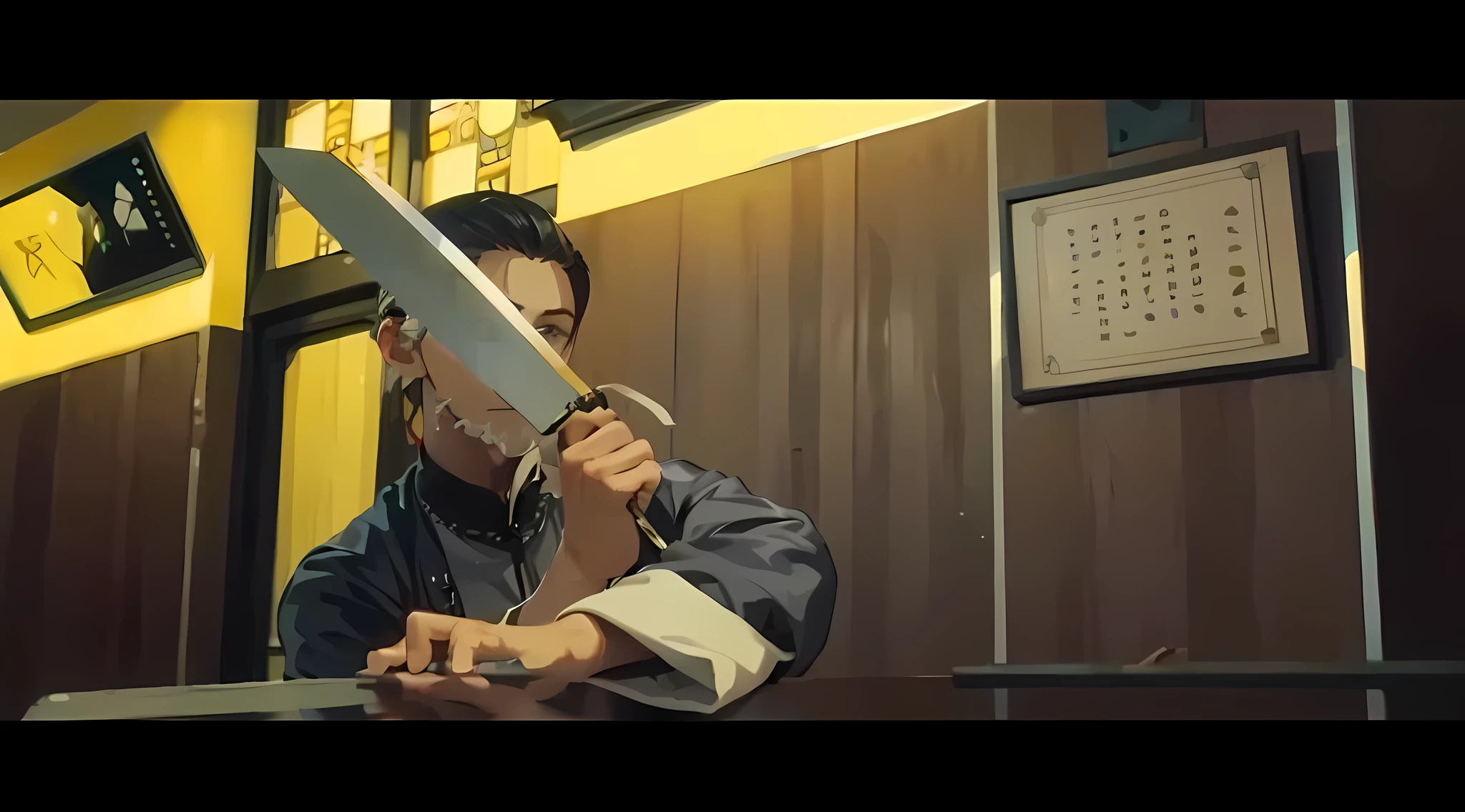 Best quality, very detailed, background matches the picture, anime boy, holding a knife, anime face, handsome