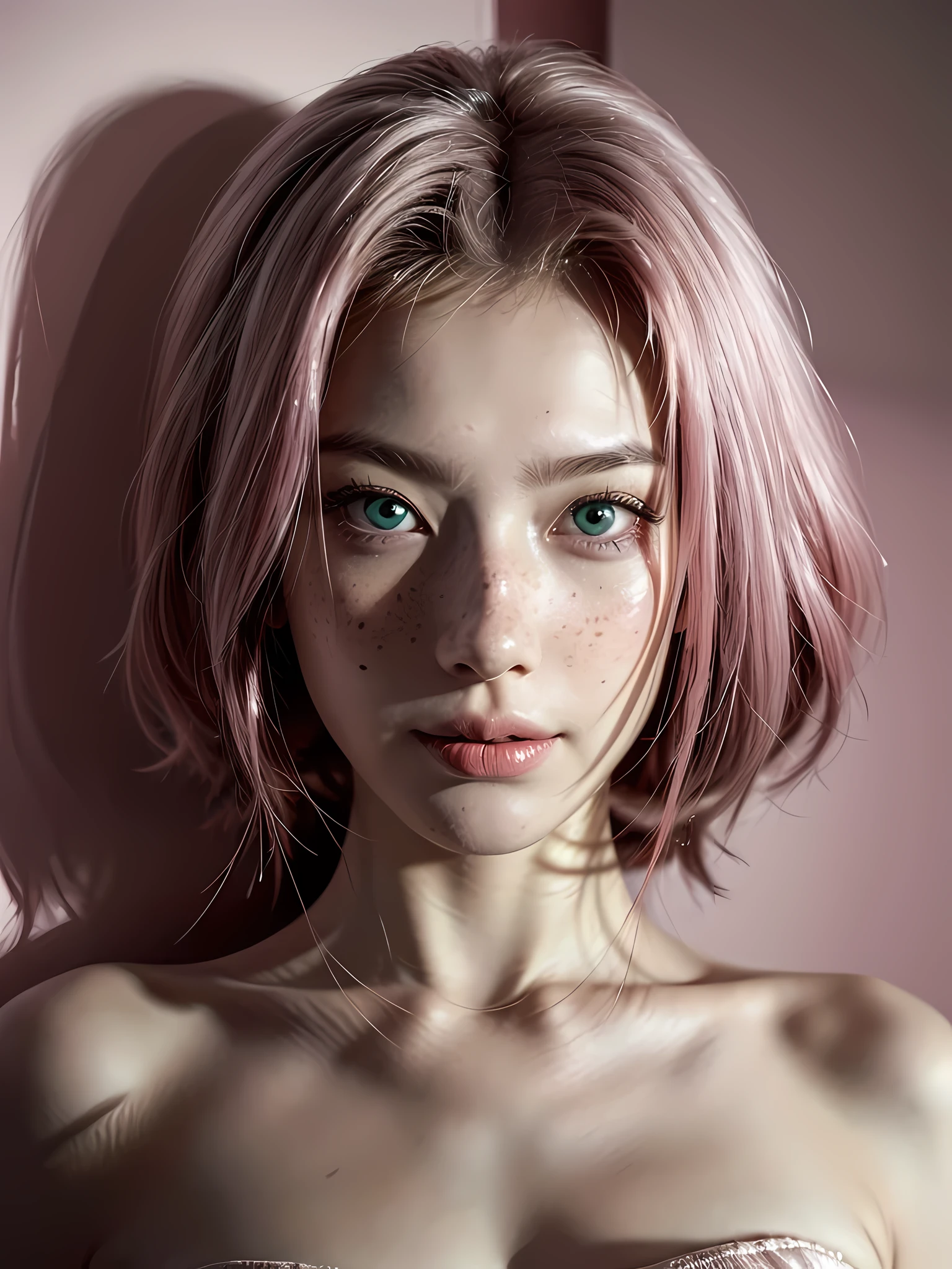 Highly detailed portrait of slim 20 year old Russian Asian girl, long light pinkes Haar, helle Haut, Green eyes, smiling, Pretty, Beautiful, grunge, esthetic, Pastellfarben, 8k, Foto realistc, extrem flacher Bauch, Nabel, extremely thin, extremely slim and emaciated body, completely emaciated, sehr schmales Gesicht, Alabasterhaut, Schlankes Gesicht, Unschuldig aussehend, Holografisches Make-up, Niedlich face, Sommersprossen, Full body, Foto, Traumfrau, extremes Make-up, ultrarealistisch lighting, sehr detailliert, ultrarealistisch, Niedlich, NSFW, sakura Cosplay, pinkes Haar,Cosplay, Strapon