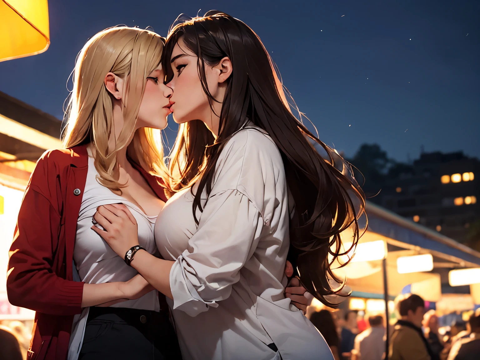 (((best quality))),masterpiece,ultra high resolution,(ultra high definition),(movie quality:1.3),(movie lighting),(low light environment:1.4),Female couple kissing woman in night market in Taiwan, (SFW) Work, kissing together cutely, (((Girl Love Art))), OPPEIN, Side milk, Slightly saggy big breasts, small breasts, (((Very long wavy blonde hair))), (((Straight brown hair with side bangs))), (girl love kiss), The mouth is very detailed,  (girl love hug), touch her hand, touch her clothes, touch her breasts, (((Hands touching her breasts))), sit on lap, Long hair fluttering in the wind, SFW version