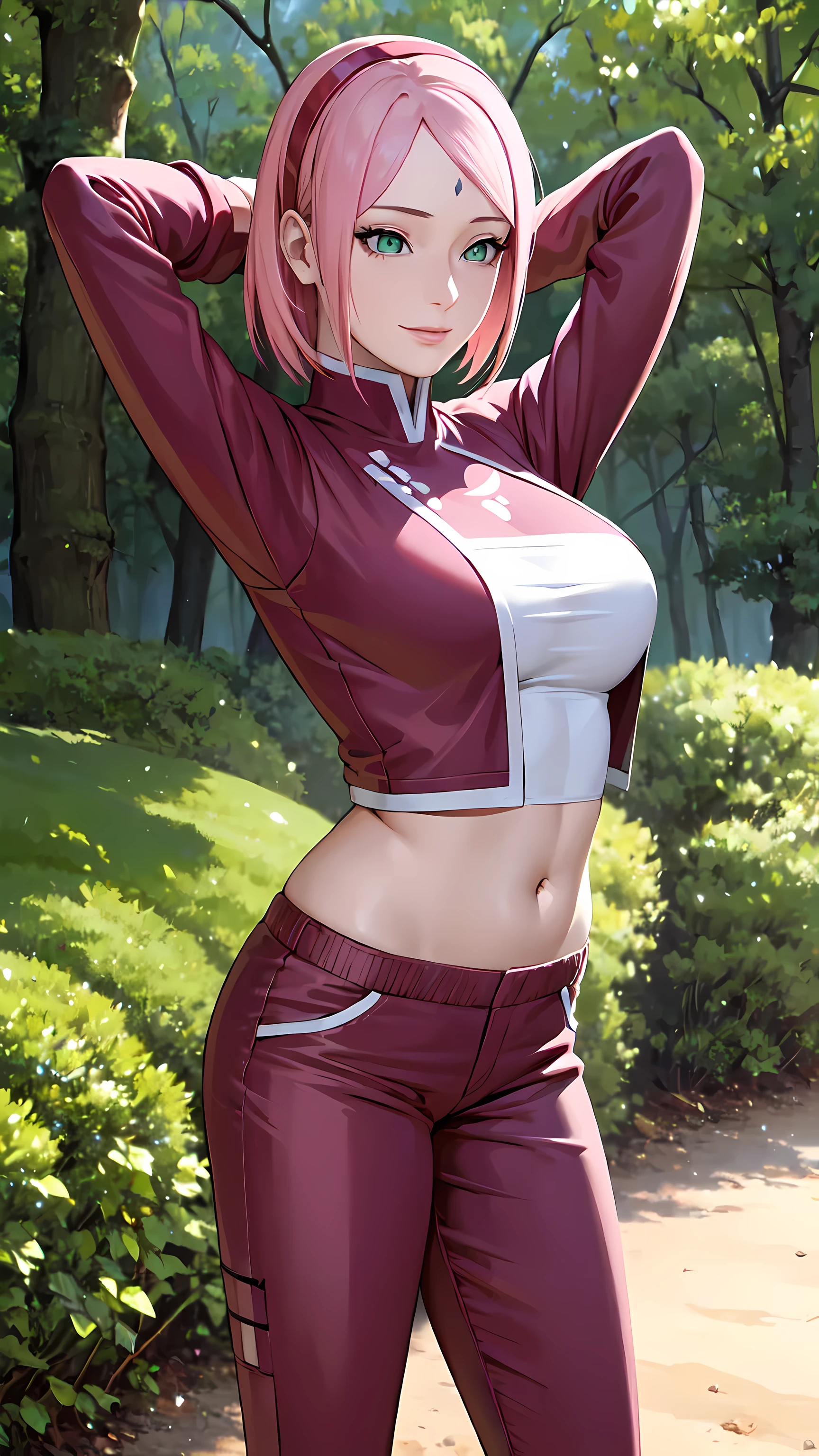 Meisterwerk, atemberaubend realistisch, Best quality, Sharpness,1 girl,Arme hinter dem Kopf,(enges Longsleeve:1),(Schlabberhose:1.1)in einem Wald stehend,,sakura haruno,pinkes Haar,Green eyes,rotes Haarband,Stirnmal,medium large breasts,sweet smile,