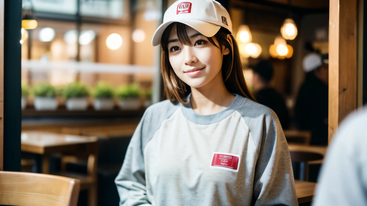 (8K, Raw photo, highest quality, masterpiece:1.2), (realistic, photo-realistic:1.4), (Highly detailed 8K wallpaper), perfect female body, famous japanese idol, 20 year old girl, boyish Japanese model,sportswoman, light brown hair,sportswear,Return from jogging,cap hat ,inside a stylish cafe, I can see other customers enjoying themselves too.。At the back of the cafe、Staff are busy working at the counter。