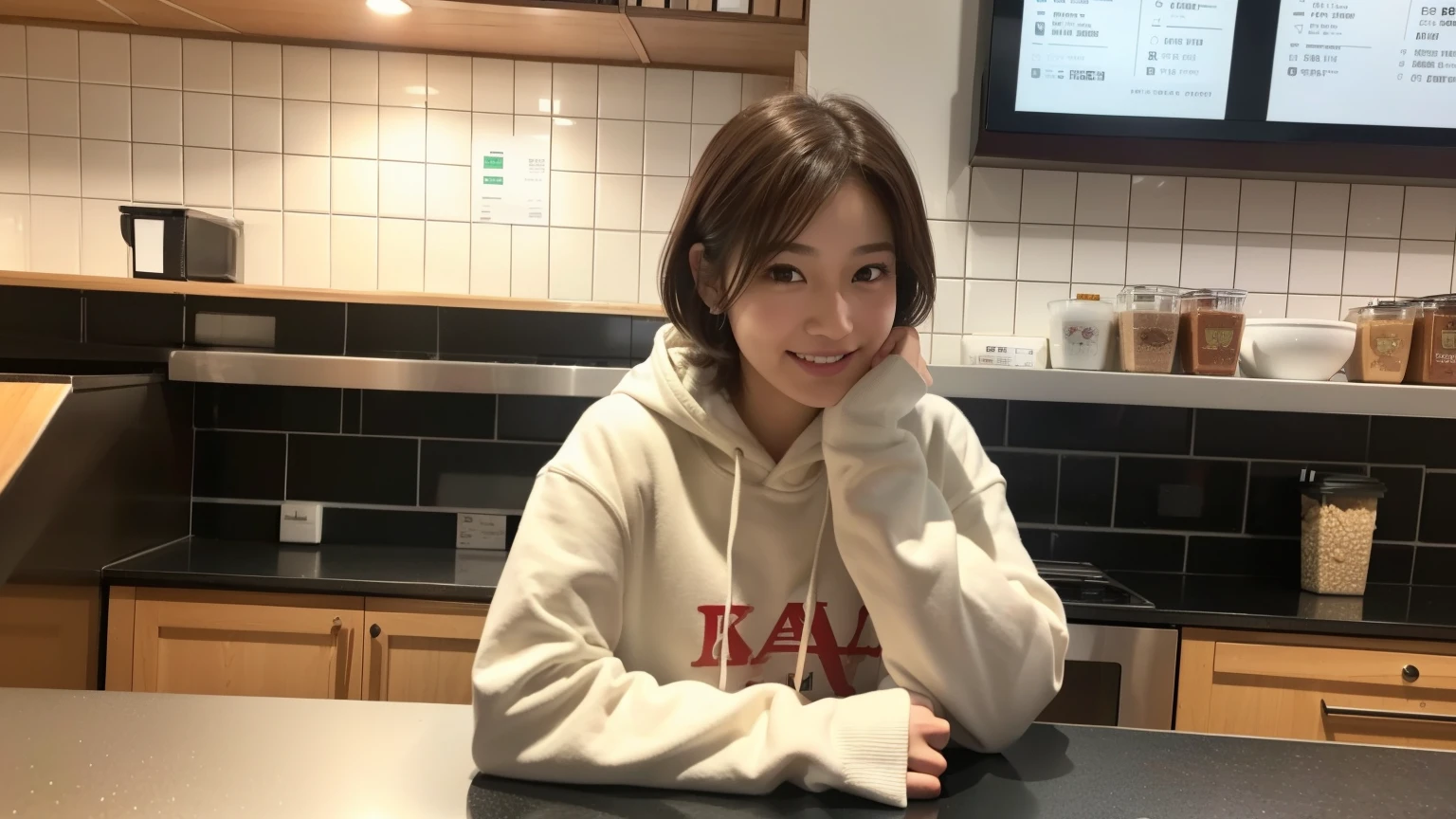 (8K, Raw photo, highest quality, masterpiece:1.2), (realistic, photo-realistic:1.4), (Highly detailed 8K wallpaper), perfect female body, famous japanese idol, 20 year old girl,  boyish Japanese model, medium short hair, messy hair, light brown hair, hoodie,Starbucks, I can see other customers enjoying themselves too..。At the back of the cafe、Staff are busy working at the counter。