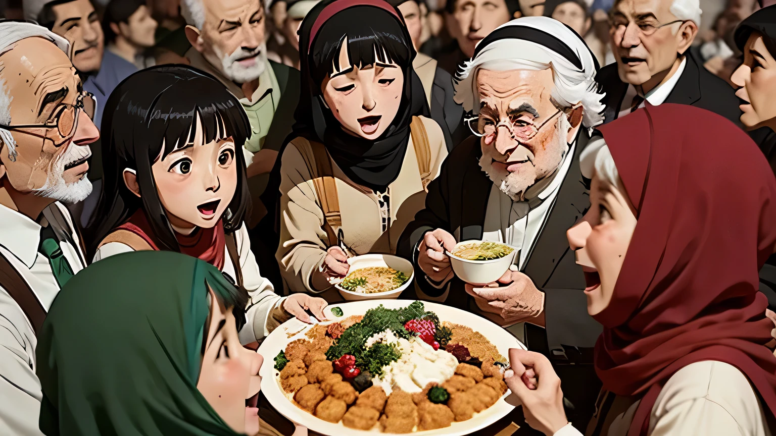 Shift to a medium-long shot of a communal gathering, rendered with Ghibli's attention to atmosphere and emotion. Palestinians and Jews come together in celebration, their expressions animated with joy and camaraderie. The scene should feel magical and heartwarming, capturing the essence of shared traditions and cultural exchange.