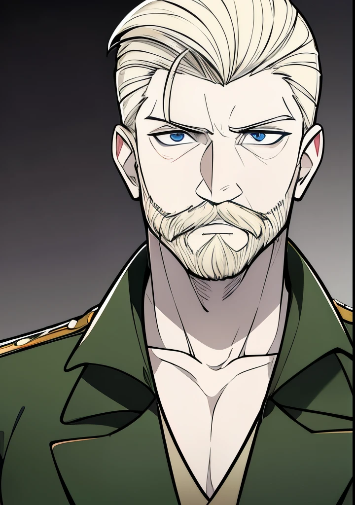 Young Adult male, white and tender skin, pale blonde slicked back combed short hair, kaisermustache and a ducktail beard, steel blue eyes, green and slightly mature, serious and emotionless facial expression,wearing world war 2 era german fatigues, portrait style, facing forwards